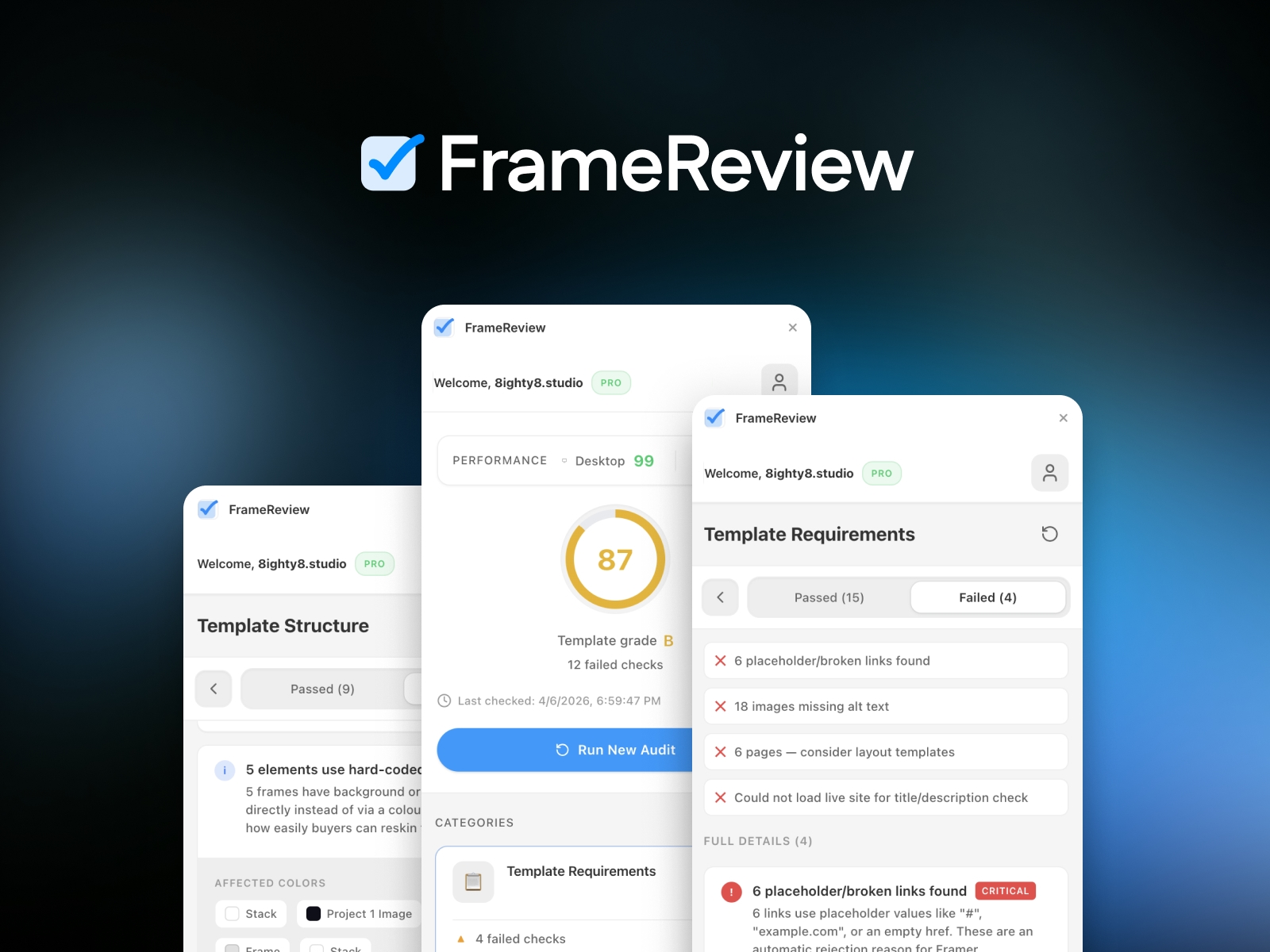 Thumbnail 1 for FrameReview, a Framer Marketplace template by 8ighty8.studio.