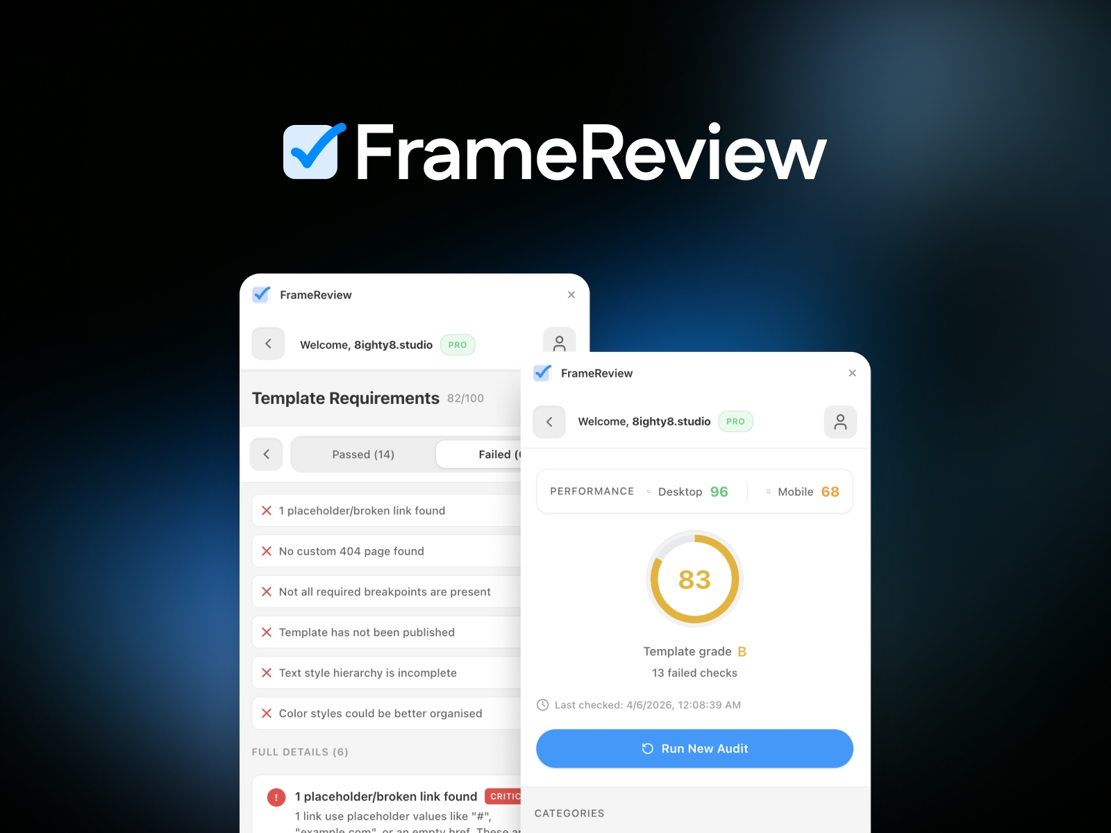 Thumbnail 1 for FrameReview, a Framer Marketplace template by 8ighty8.studio.