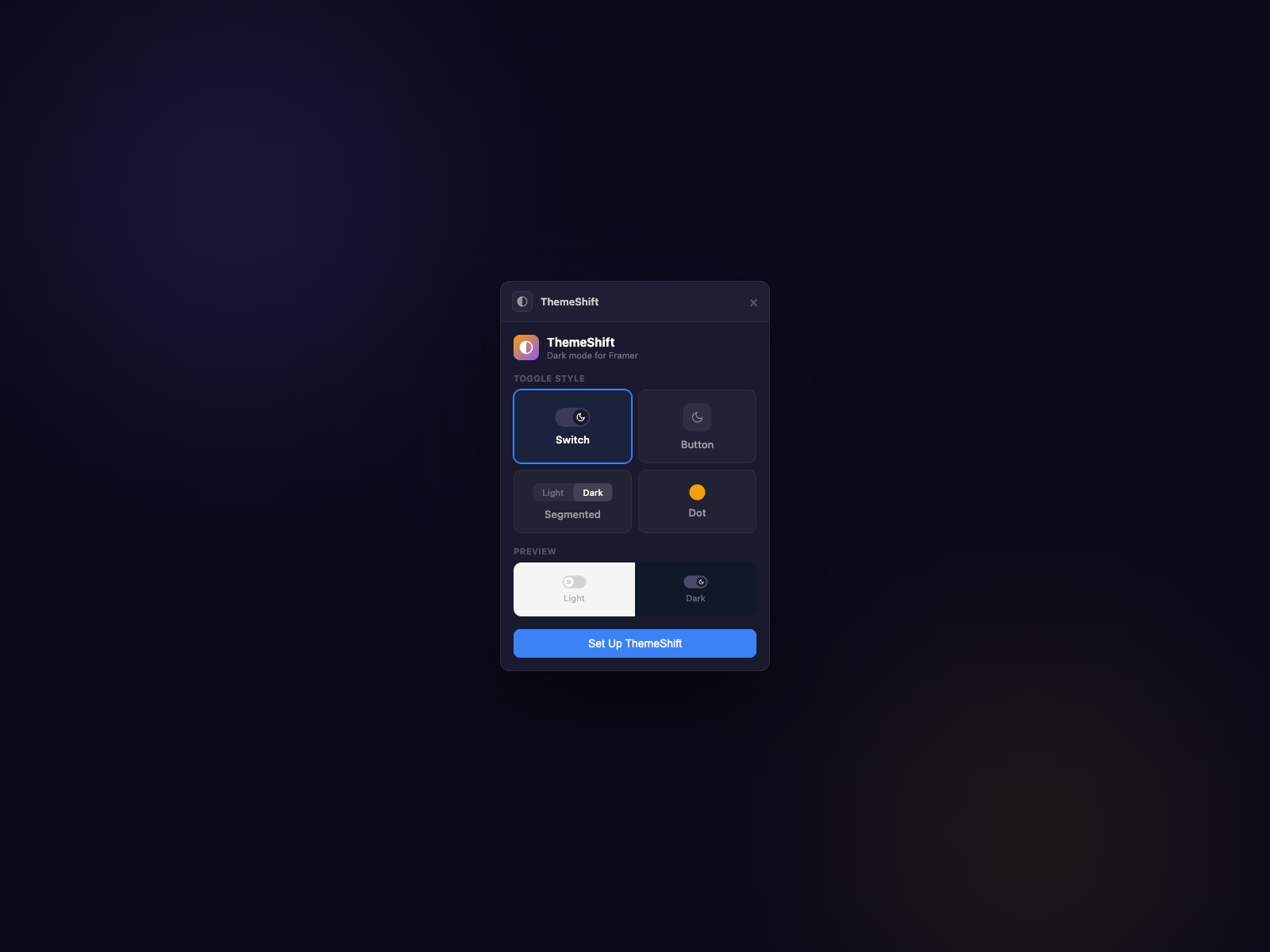 Screenshot 2 for ThemeShift — Dark Mode Toggle, a Framer Marketplace plugin by Proofly.ae.