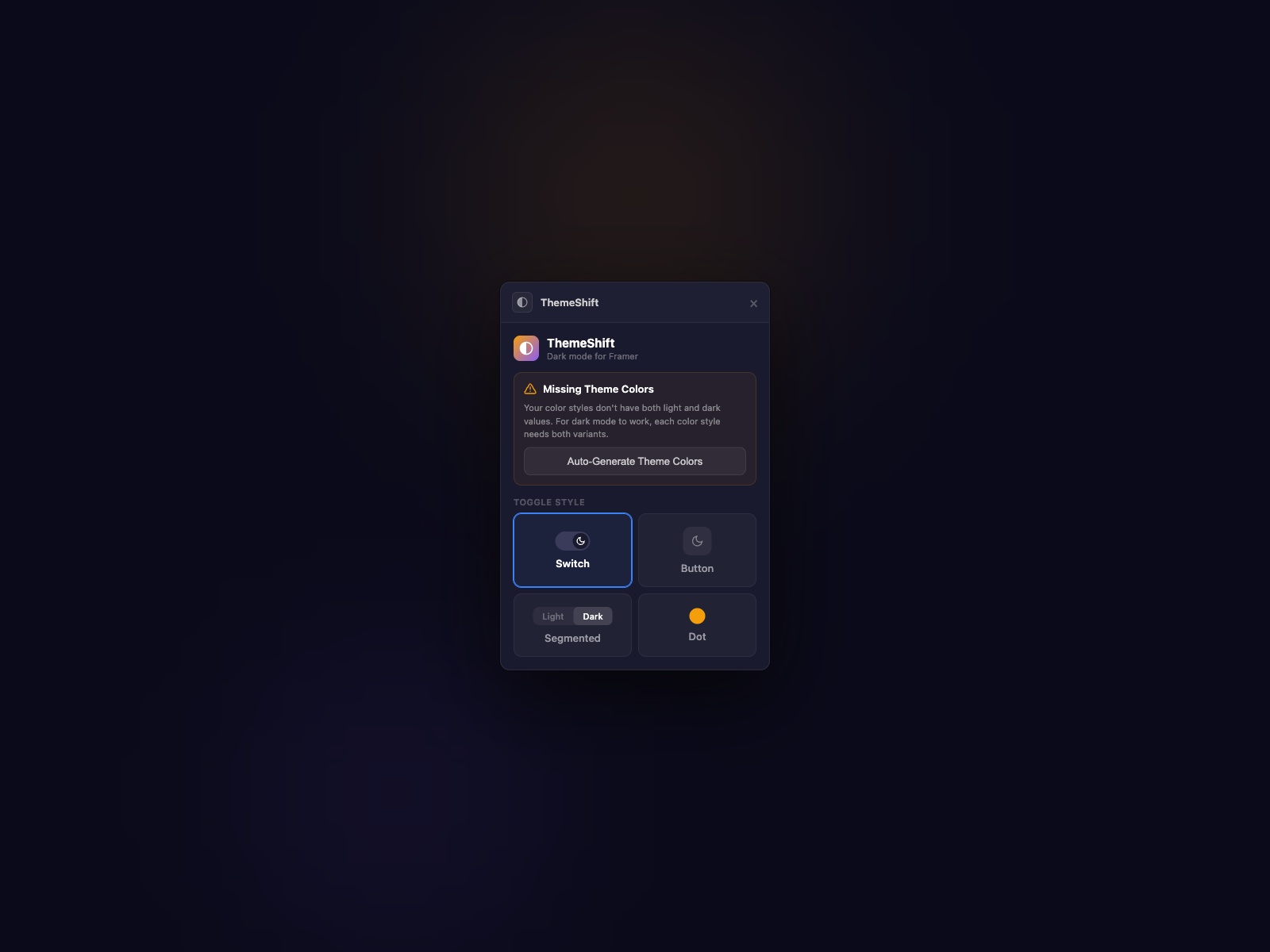 Screenshot 1 for ThemeShift — Dark Mode Toggle, a Framer Marketplace plugin by Proofly.ae.