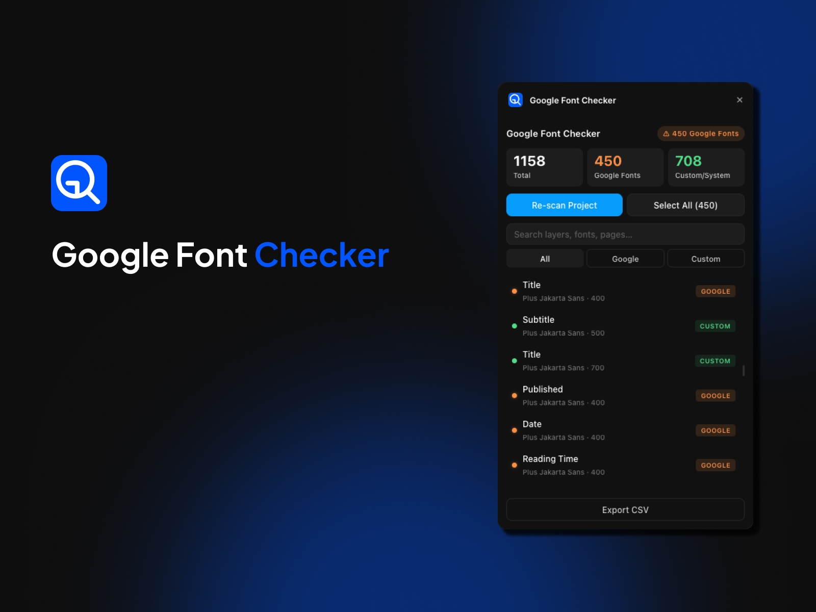 Screenshot 1 for Google Font Checker, a Framer Marketplace plugin by Robbi Firmansah.