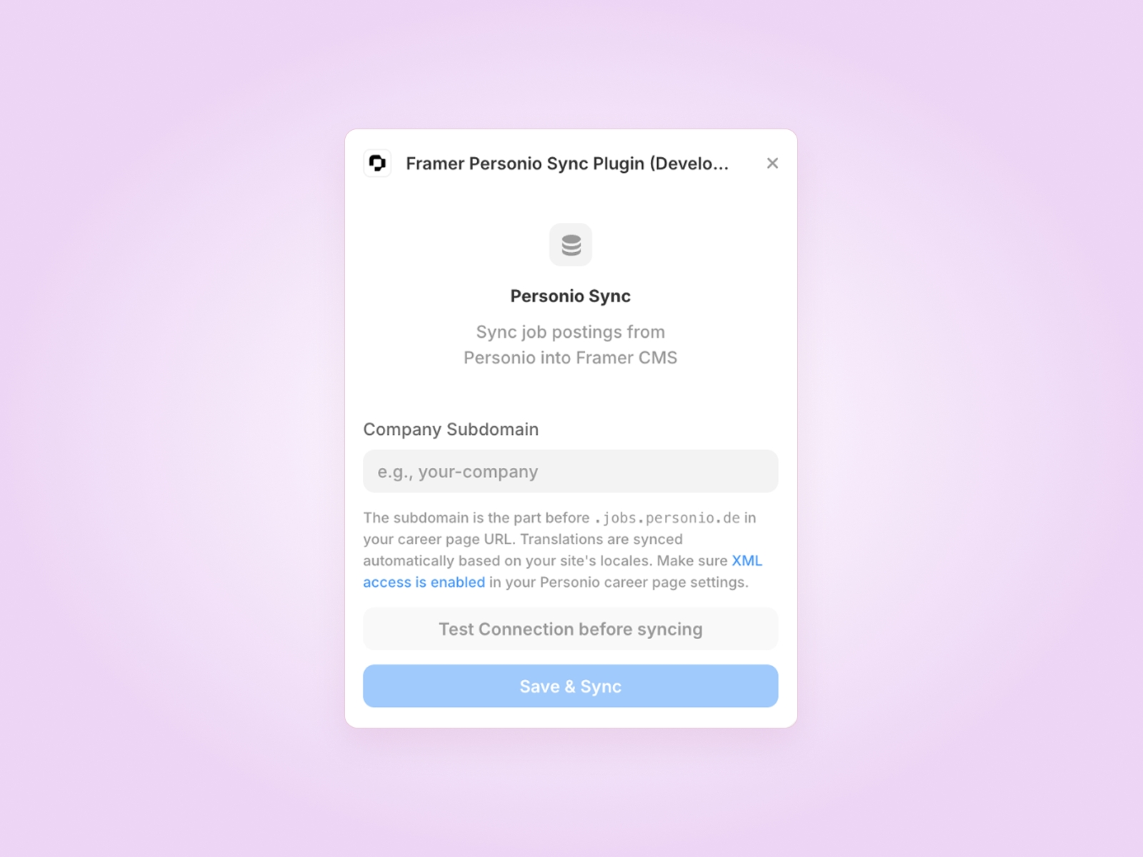 Screenshot 1 for Personio Sync, a Framer Marketplace plugin by Trueform.