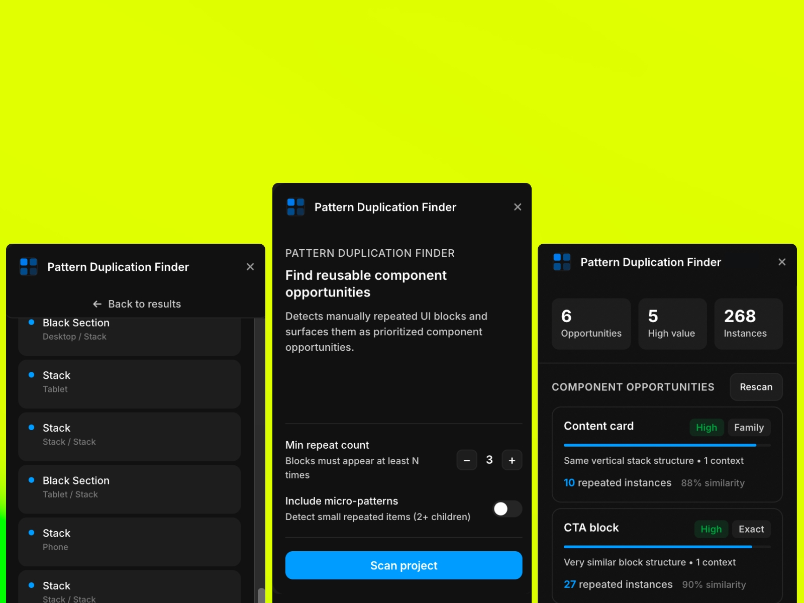Screenshot 1 for Pattern Duplication Finder, a Framer Marketplace plugin by Floyka Design Studio.