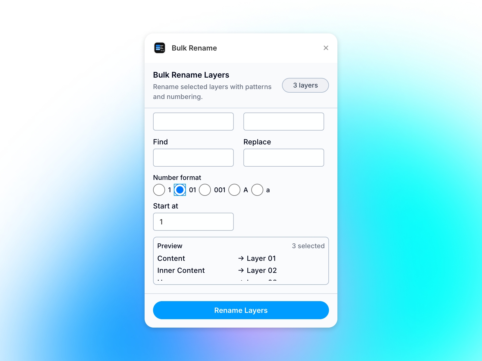 Screenshot 3 for Bulk Rename, a Framer Marketplace plugin by Zouk Design.
