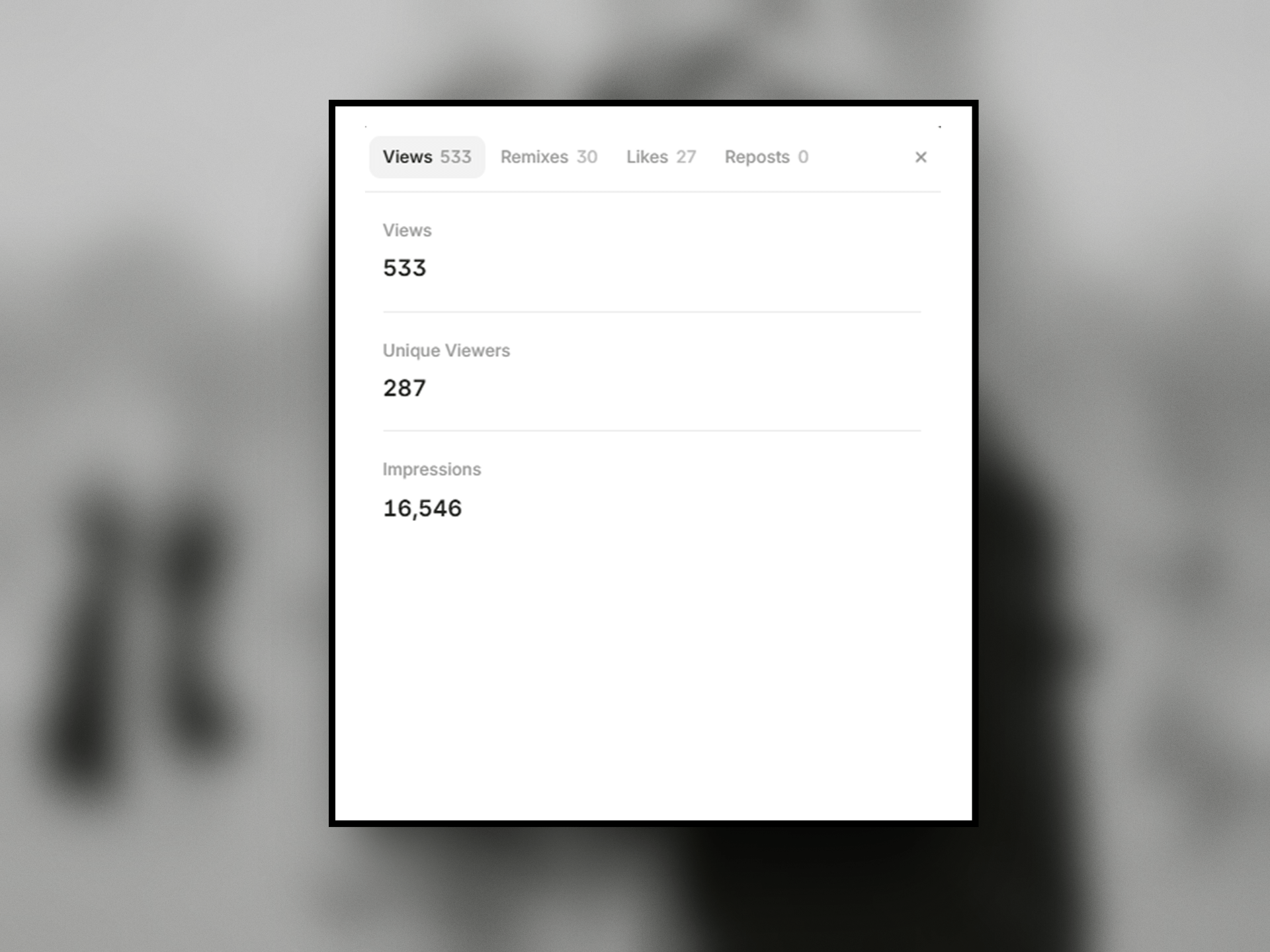 One week of numbers on Danny Studio: 16,546 impressions, 533 views, 30 remixes.The one I'm proud of isn't the reach. It's that roughly 1 in 18 people who actually looked went on to remix it opened the file and pulled it into their own project.A view costs nothing. A remix means someone decided the template was worth building on, not just looking at. That's the signal I was hoping for when I built it around one rule: the work leads, nothing decorative, every gallery image opens something real.Curious what ratio you all watch, views to remixes, or something else, when you're figuring out if a template actually landed.
