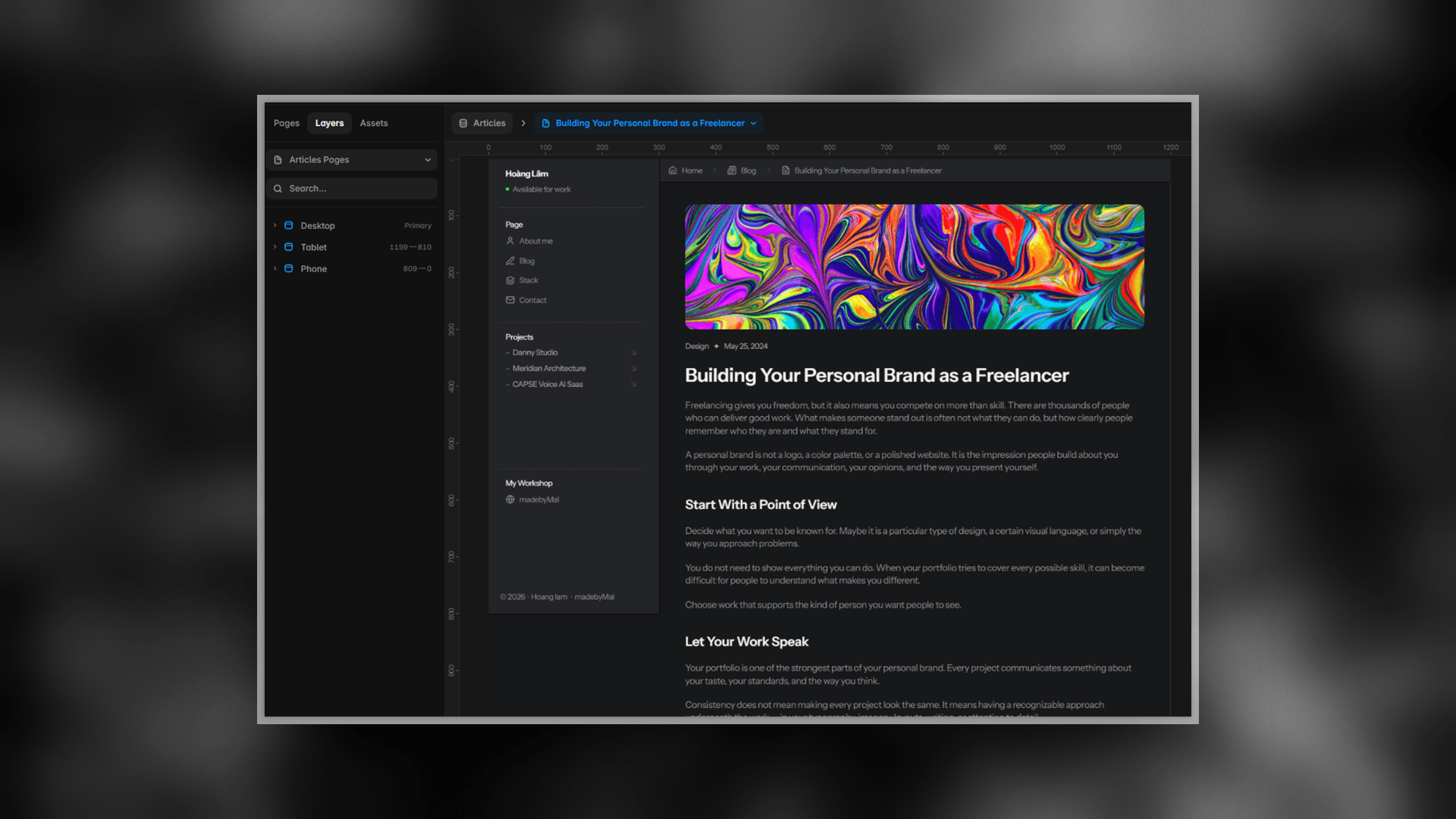 First look at the portfolio I'm building in Framer.I wanted it to feel calm, not loud. A dark, near-black background, so the work carries all the color.The layout is two parts.A fixed sidebar on the left name, status, every page always in reach. It makes the site read as one space, not separate pages.A single narrow column on the right, built for reading. Wide margins, one clear title, room between the lines.One bold image per article is the only place color takes over restraint everywhere else makes it hit harder.Layout is how I show the way I think. Minimal here isn't a trend it's so nothing sits between the reader and the idea.Building in public, and I'll share this as a Framer template once it's ready. Fixed sidebar or classic top nav for a portfolio what's your take?