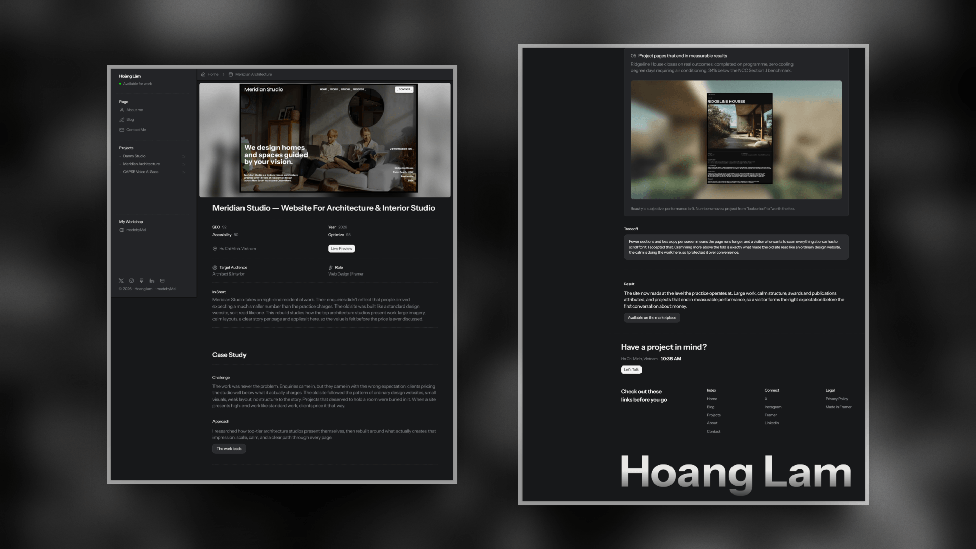 A calm, dark portfolio for designers and studios who want the work to lead, not the layout.This is the portfolio I actually use, cleaned up and made free.A few decisions behind it:– Fixed sidebar navigation. The site reads as one continuous space instead of a stack of separate pages name, status and every section stay one glance away as people move through.– A narrow, reading-first content column. Wide margins, one clear title, room between the lines, and a single bold image per project. The restraint is the point: nothing competes with the work.– Work lives inside the template. Each project holds a small gallery + short write-up, so it fits any creative photographer, illustrator, brand designer not just people who can link out to a live site.– Easy To Scan. Nobody studies a portfolio, they skim it in seconds. So the layout is built to lower the mental effort: clear labels, one idea per section, nothing to work out. People find what they came for before their attention runs out.Free to use. If you want the version with CMS and dedicated case-study pages, that's on my profile too.