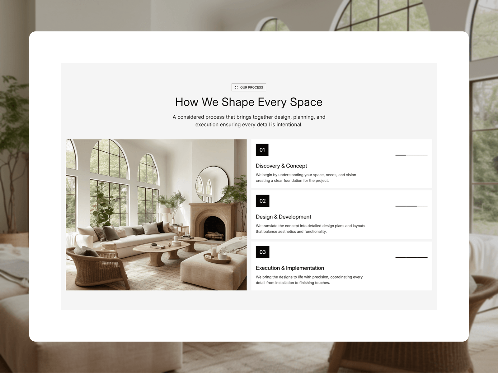 Our Process section from Milora ⚡Built for interior design studios, architecture firms, and creative agencies. Every step is designed to build trust and guide visitors toward an inquiry. Check it out below 👇