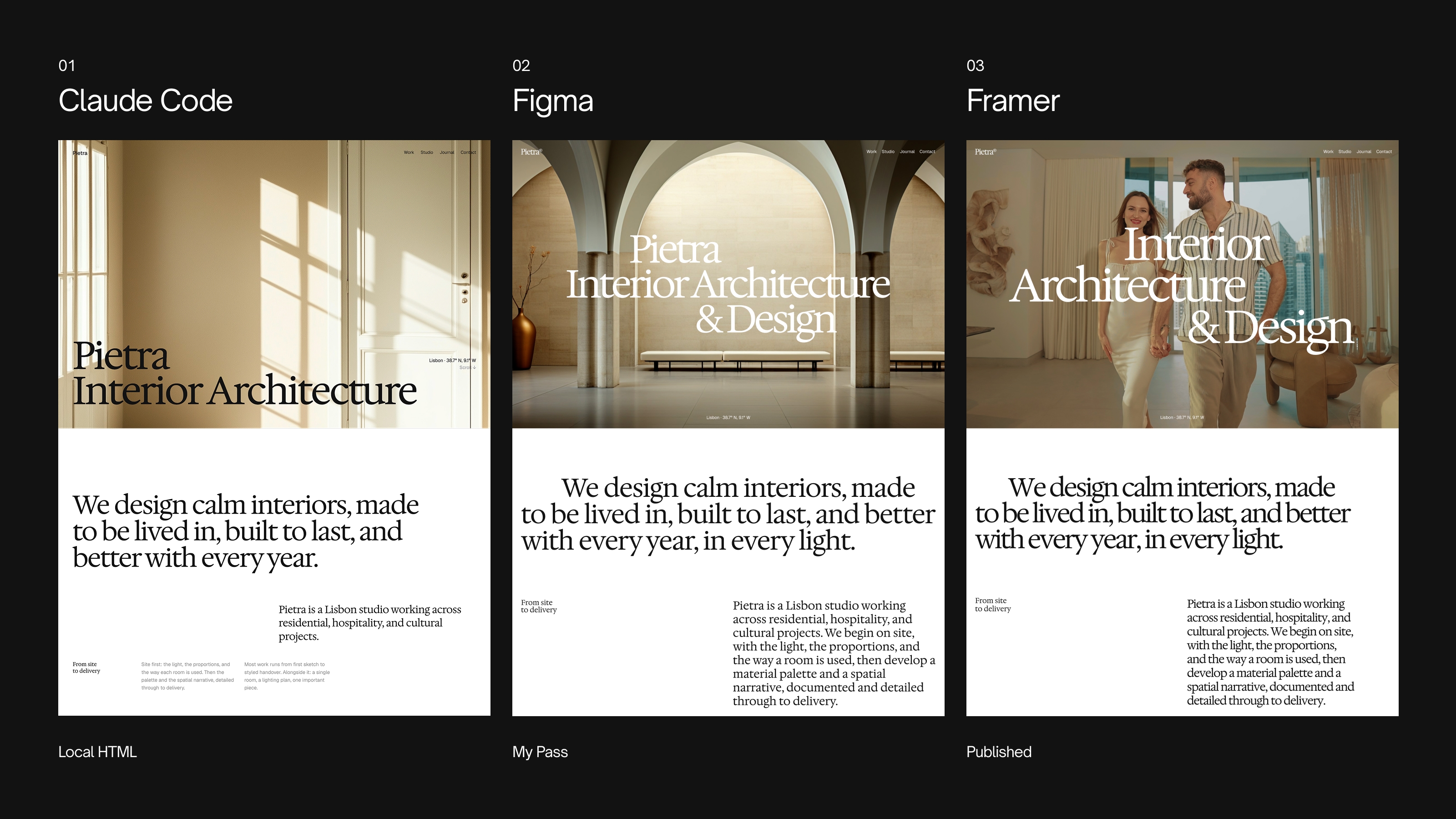 I built Pietra, a complete @Framer template, with Claude Code driving it.I designed and refined the same page 3 times. Claude Code for the skeleton in HTML, Figma for my design preferences, and Framer for shipping.The part I wasn't sure would work: I moved the homepage over with the "Figma to HTML with Framer" plugin, then connected Claude Code to Framer and asked it to convert the static, absolutely positioned page into a functional website. It did.After that I had it think in systems first. Color styles, text styles, layout template, components. That became the foundation for the other 10 pages.Motion last. Reveal effects, smooth scroll, custom page transitions, a cursor that draws a line under links.Anyone else driving Framer from an external agent? Curious what's working for you.Read about the Workflow in Detail