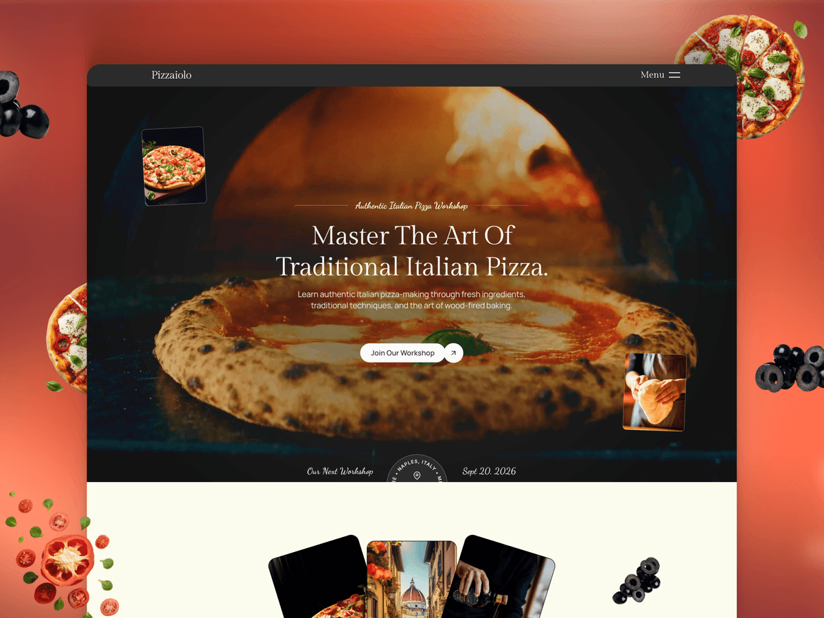 Pizzaiolo: A Framer template for pizzerias and cooking schools, built around big food photography and workshop sign-ups.
