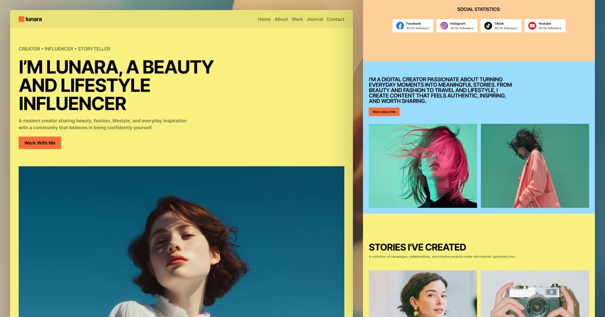 ✨ Meet Lunara — a modern Framer template made for women who create, inspire, and build personal brands.Free to use: https://shorturl.at/ykPa6Designed for:• Influencers & content creators• Beauty & fashion creators• Lifestyle bloggers• Personal brands#FramerTemplate #Influencer #ContentCreator #PersonalBrand #WebDesign
