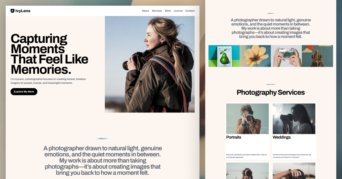 Just launched IvyLensA modern, editorial Photographer Portfolio @framer Template built to let your work speak for itself. Free to use: https://framer.link/C3p2QczPreview link: https://ivylens.framer.website/Clean layouts. Bold imagery. Smooth interactions. #Framer #FramerTemplate #Photography #Photographer #Portfolio