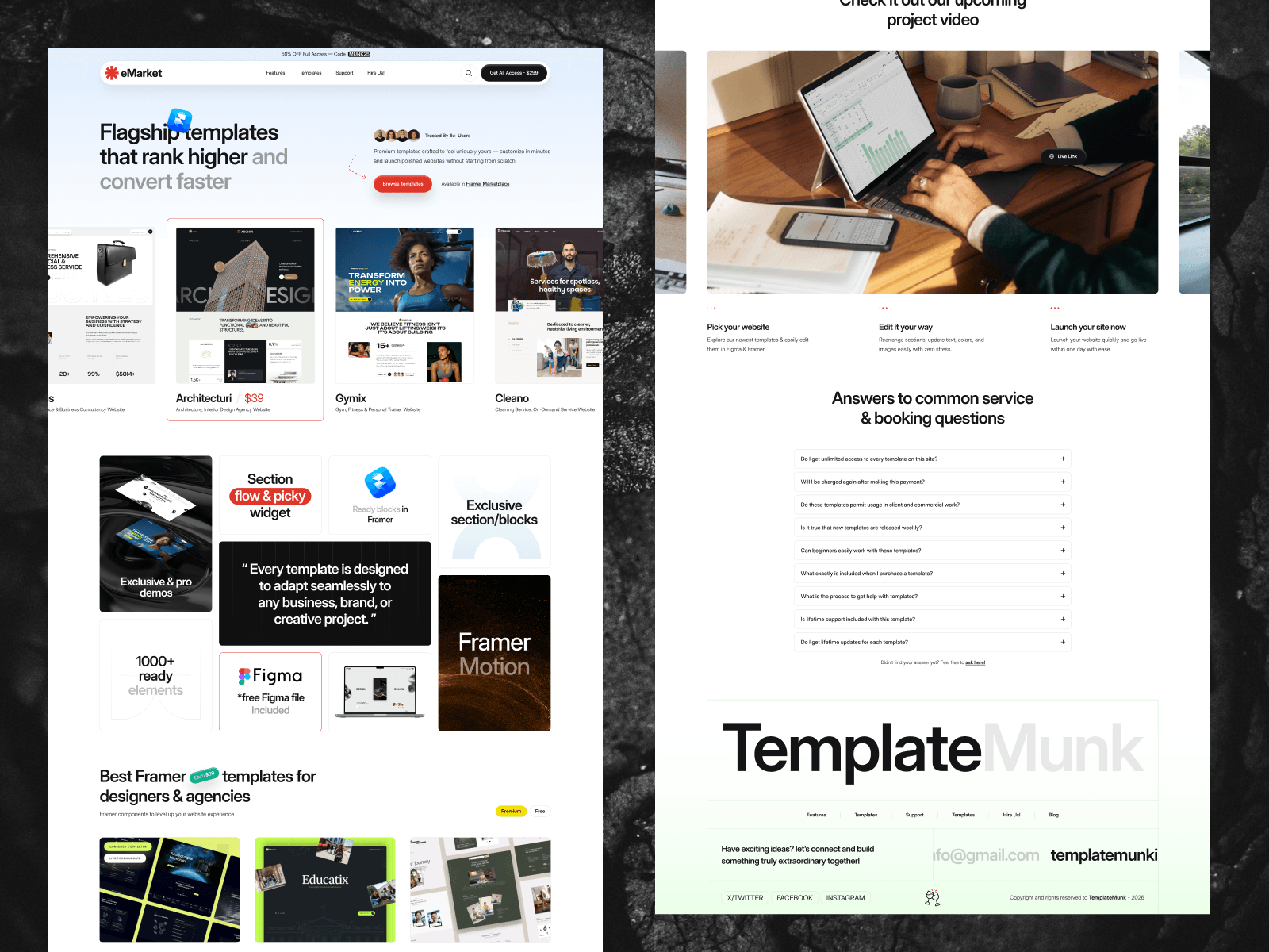 Emarket is now free for fellow Framer Creators. Launch you template studio nowhttps://framer.link/Rz6XlzlPremium Framer template designed for template creators. Display your templates, share updates, and create a professional storefront.