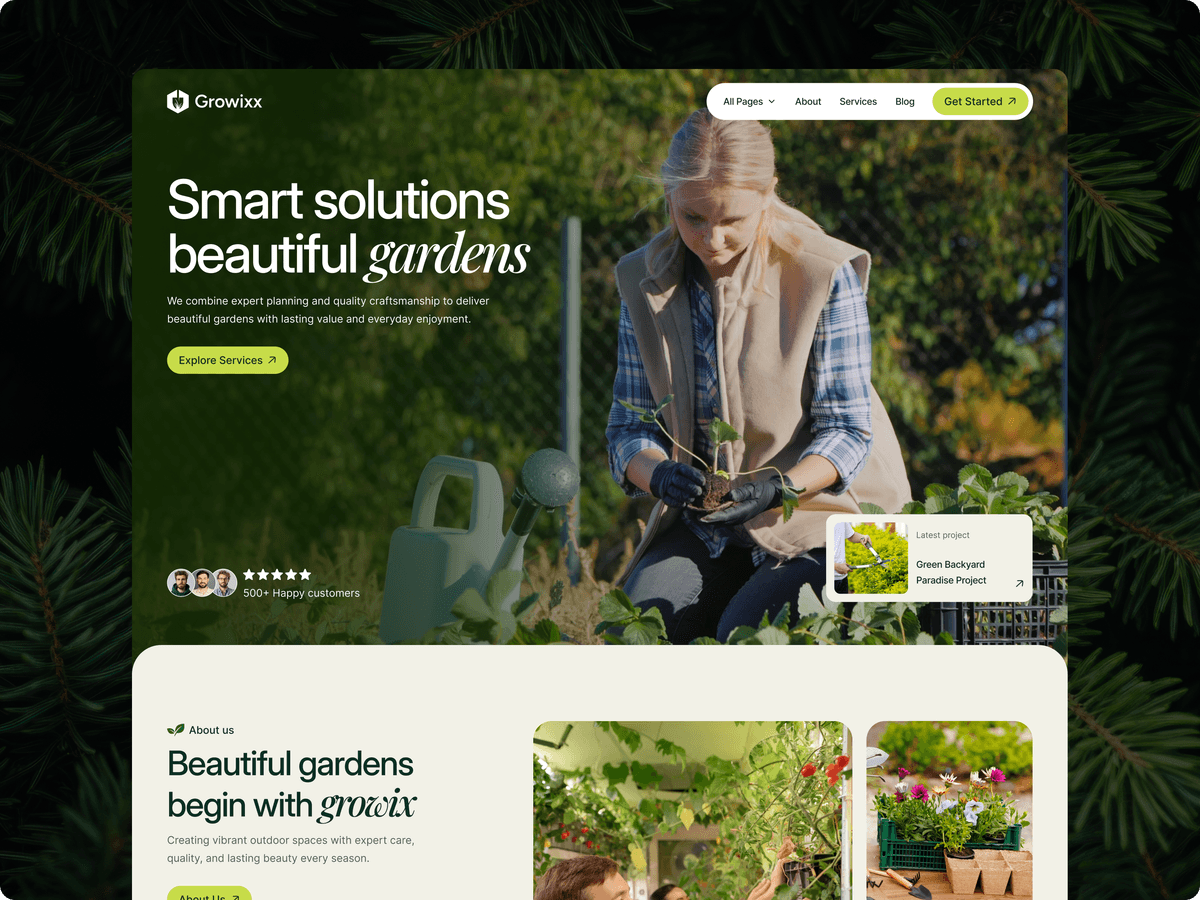 Growixx: A photo-led Framer template for landscaping and outdoor-service studios that want an editorial site without starting from scratch.