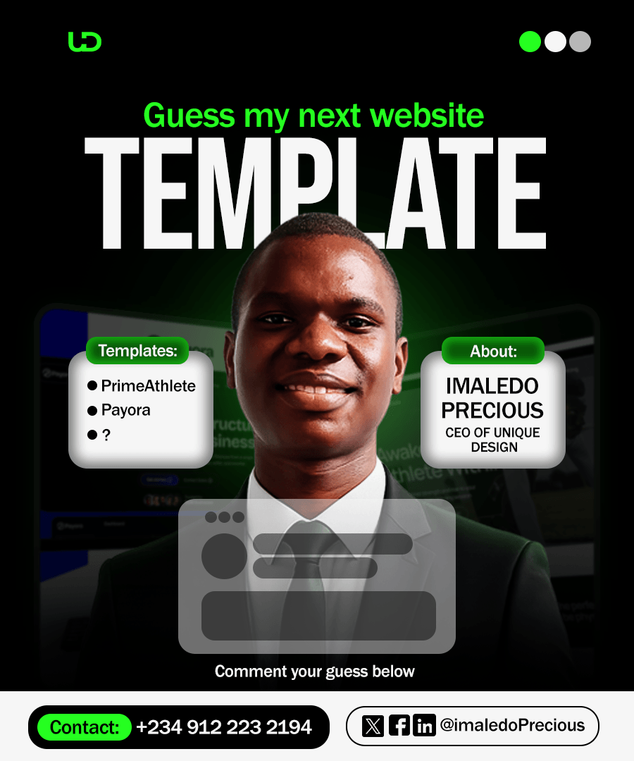 Happy new week Creators,Guess template #3?2 Framer templates published:→ PrimeAthlete (https://framer.link/IAs6H0m) - For athletes & fitness brands→ Payora (https://framer.link/0vh72dM) - For fintech & payment platforms, built to stand out and convert.I’m Precious, Web & Graphics Designer + CEO of Unique Design.Drop your guess for #3 in the comments 👇