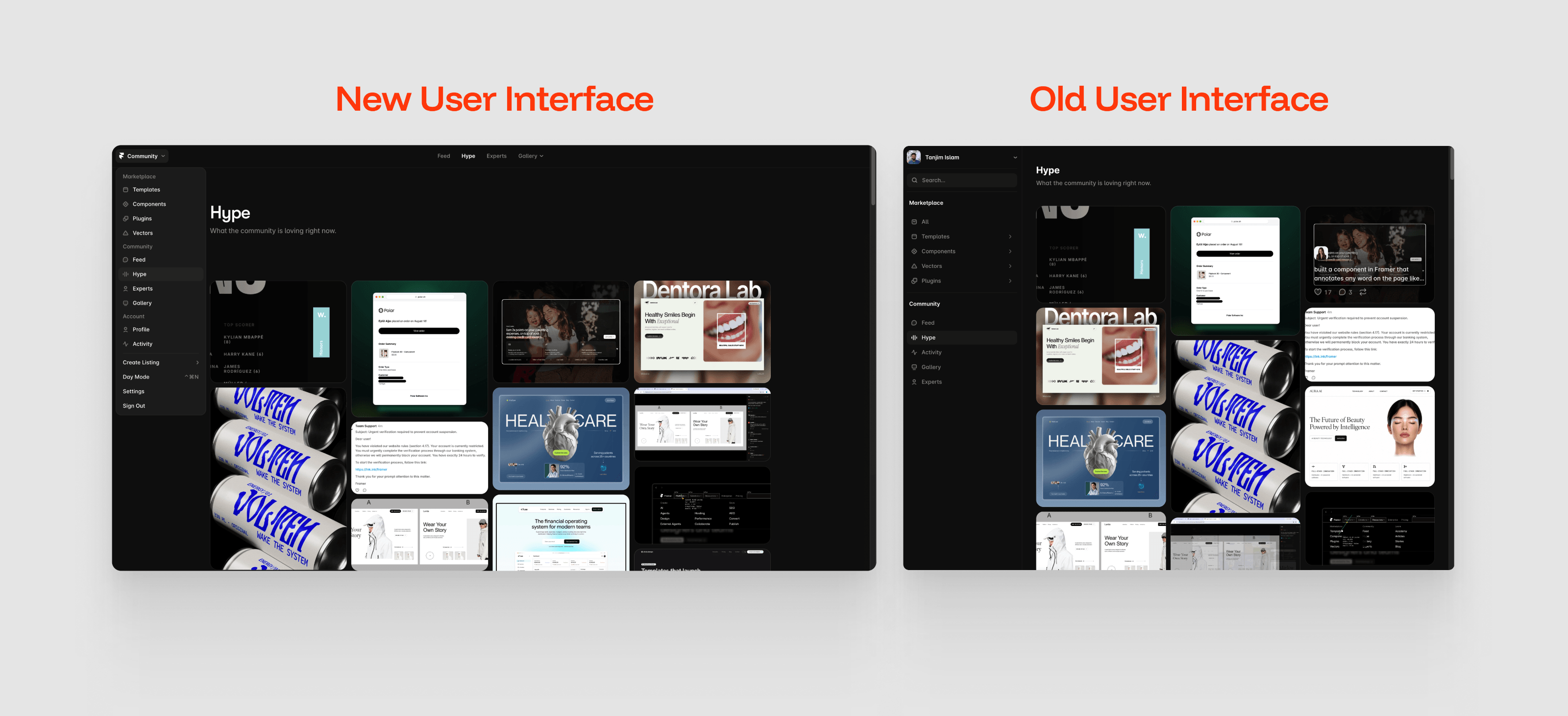 I didn't expect a sidebar update to teach me anything.Then Framer split their navigation in two.Old version: everything lived in one sidebar. Marketplace links, Feed, Hype, Gallery, your account settings - all stacked in a single column, competing for the same visual weight.New version: two systems.→ Left rail holds structure. Where you go.→ Top bar holds content. What you browse.Marketplace and Account don't move. Feed, Hype, and Gallery do.That's the whole trick. Separate what stays from what changes, and give each one its own space.Most crowded UIs aren't crowded because there's too much in them. They're crowded because everything is fighting for the same row.Split the fixed from the flexible, and the crowd disappears on its own.