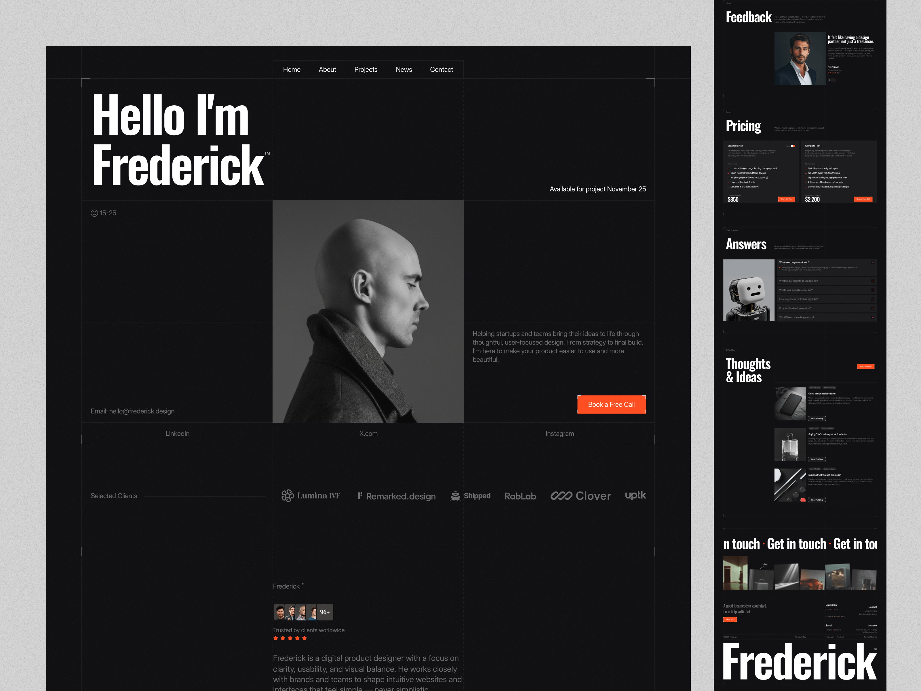 Take it free, remix it → https://framer.link/KqnqkQCFrederock has a badge in the hero that just says "Available for work."One line. Green dot. Nothing else.Most portfolios make you dig for that answer - scroll to contact, check the footer, guess from the tone. Frederock puts it where the client looks first.A portfolio's job isn't just to show your work. It's to answer the one question every visitor actually came with: can I hire you right now?Answer that in the first three seconds, and the rest of the page just has to not get in the way.