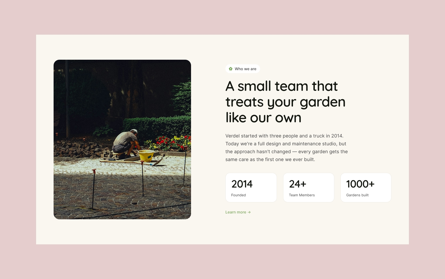 About page for the gardening template is done. Kept it separate from the homepage teaser — story, a few values, and the team behind it. Open to feedback before I move on.