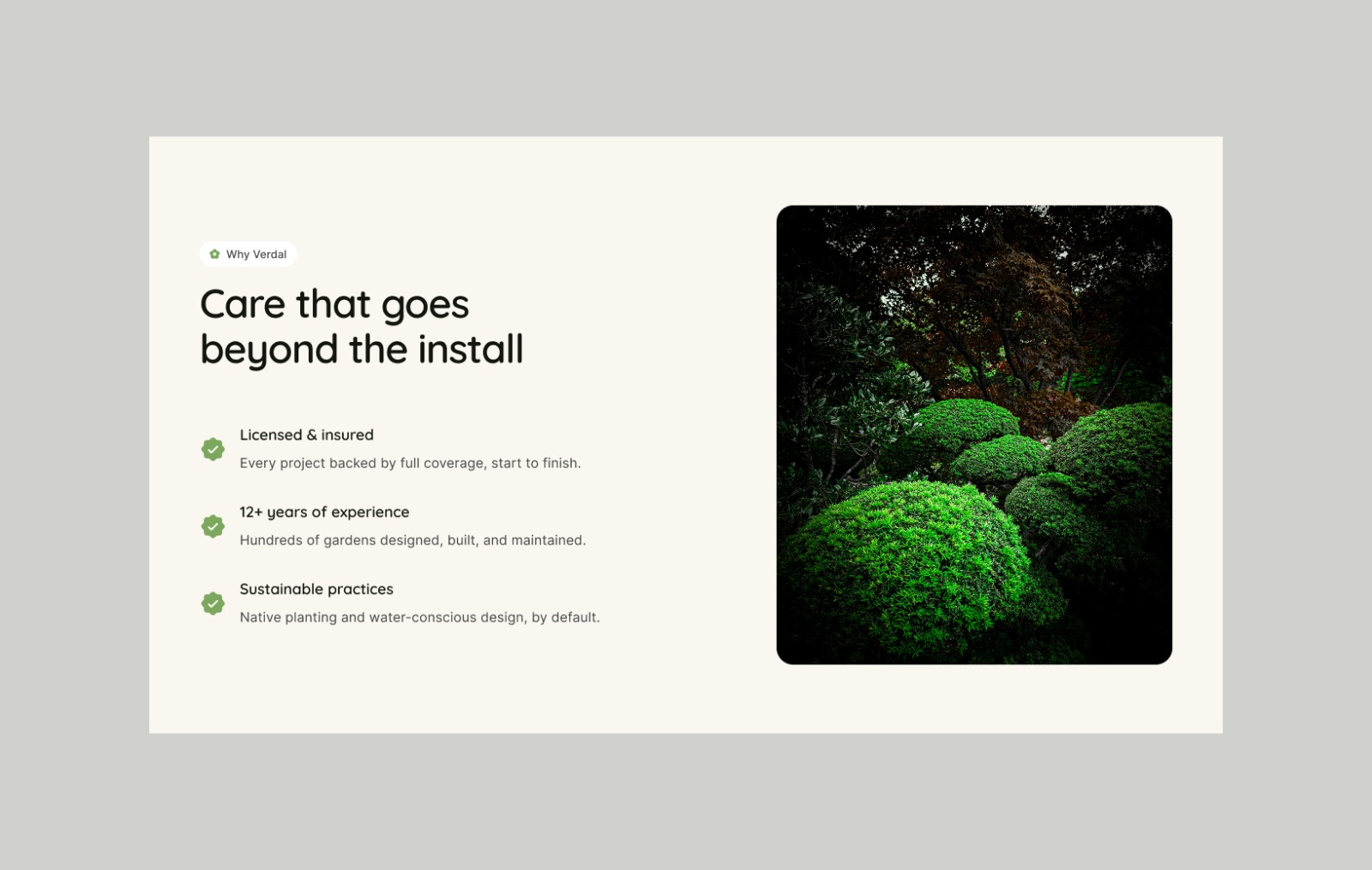 Why Us section for the gardening template is done. Wanted it to feel like proof, not just claims, so kept it short and specific. Open to feedback before I keep going.