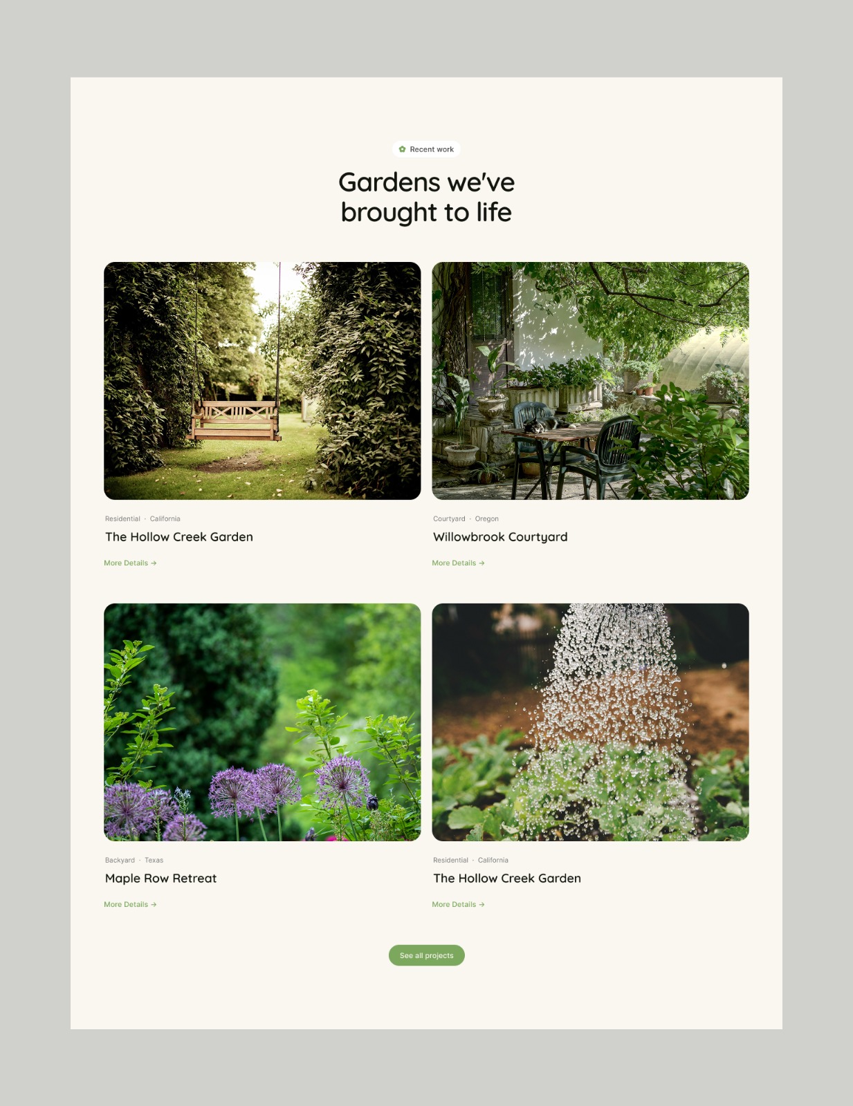Projects section for the landscaping template is up. Simple grid, links out to individual project pages. Feedback welcome as always.
