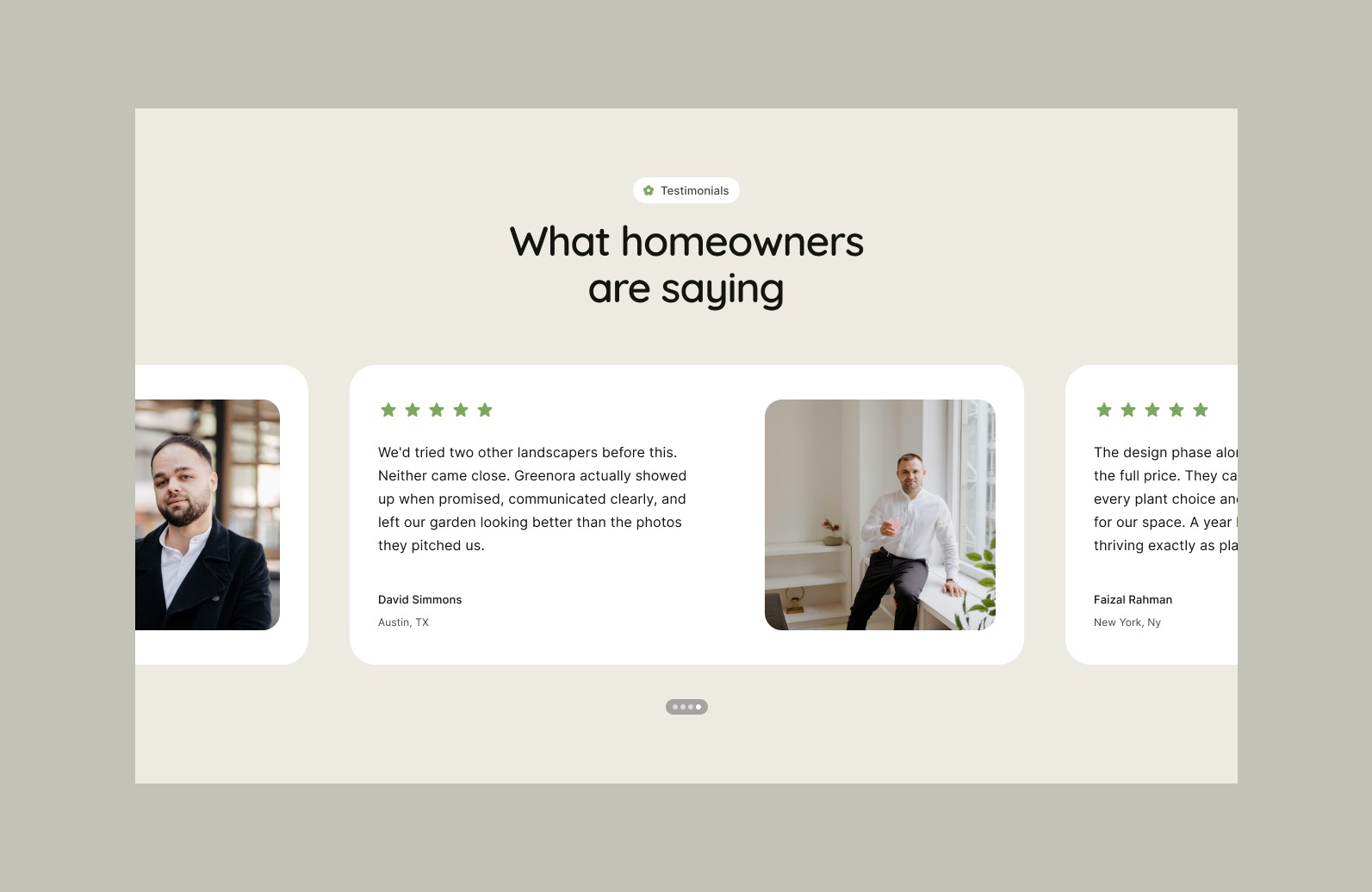 Testimonial section for the gardening template is done. Tried a different approach than the usual card layout. Open to feedback before I move on.