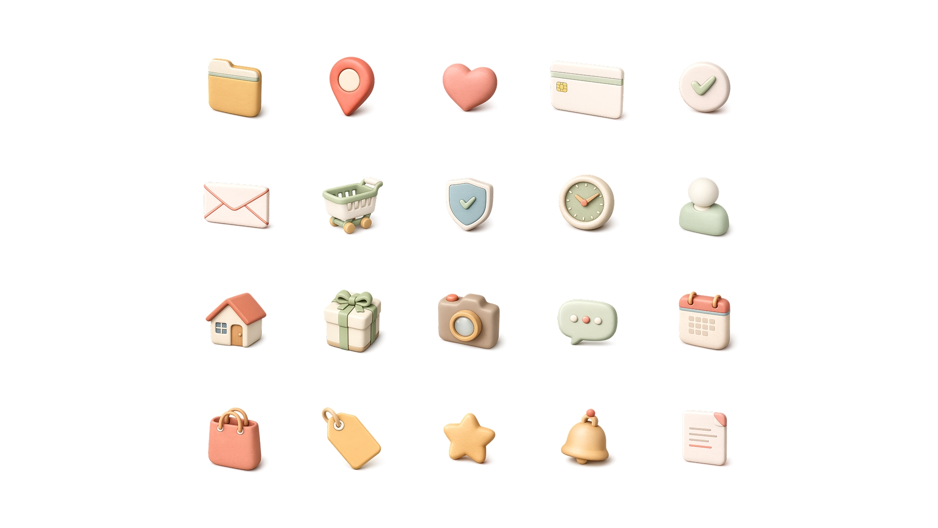 20 soft clay 3D icons, free to use. One consistent finish, one muted palette, transparent PNGs. Full set available as a Figma file — drop them straight into any Framer project.Use for free