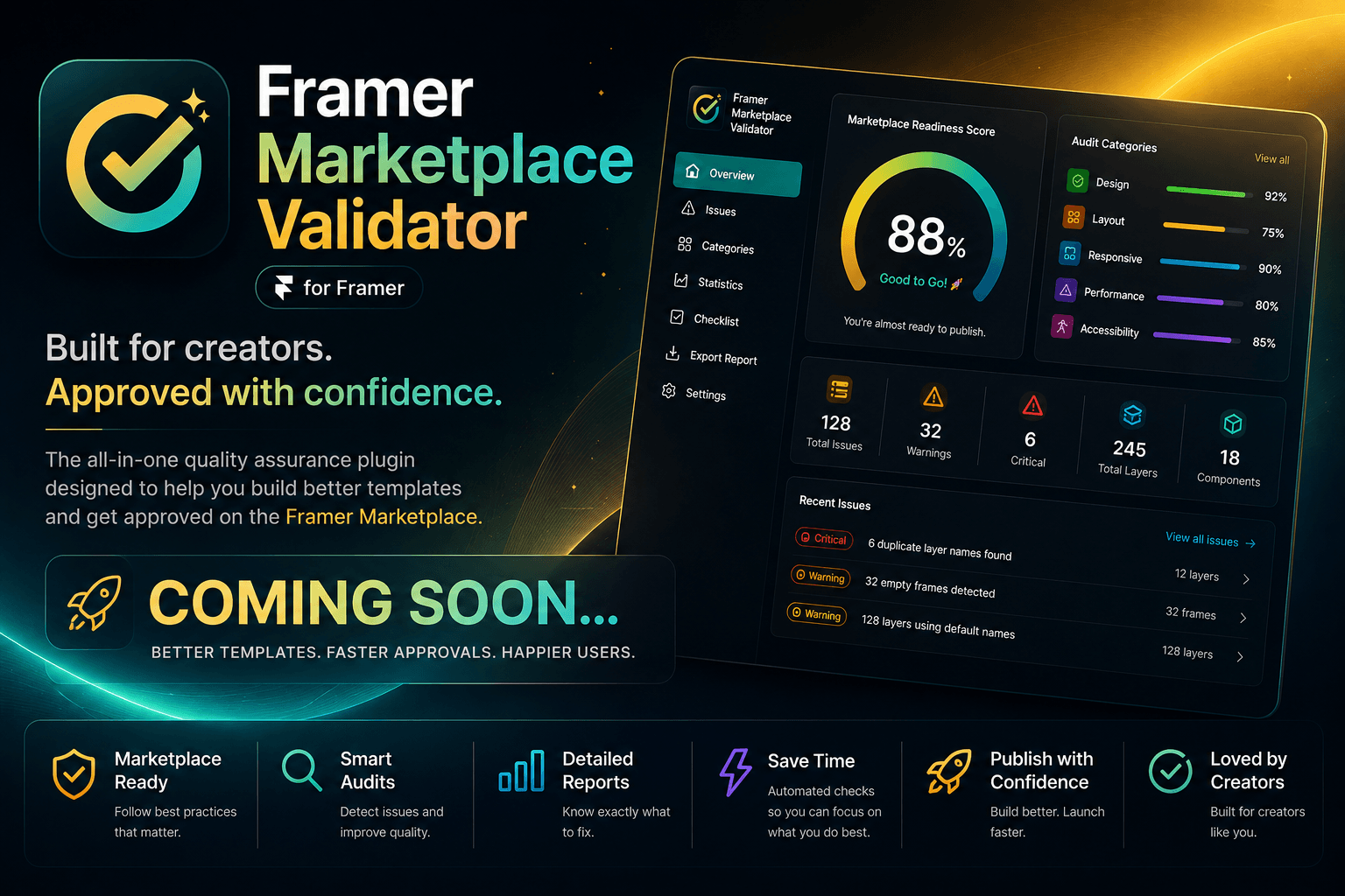 🚀 Building something exciting for the Framer community...Introducing Framer Marketplace Validator 🛡A plugin that helps you scan your Framer projects before Marketplace submission.✅ Marketplace Readiness Score ✅ Smart Quality Audits ✅ Performance & Responsive Checks ✅ Actionable Fix SuggestionsBuild with confidence. Publish faster.Coming Soon. 👀I'd love to hear—what features would you want in a plugin like this? 💙