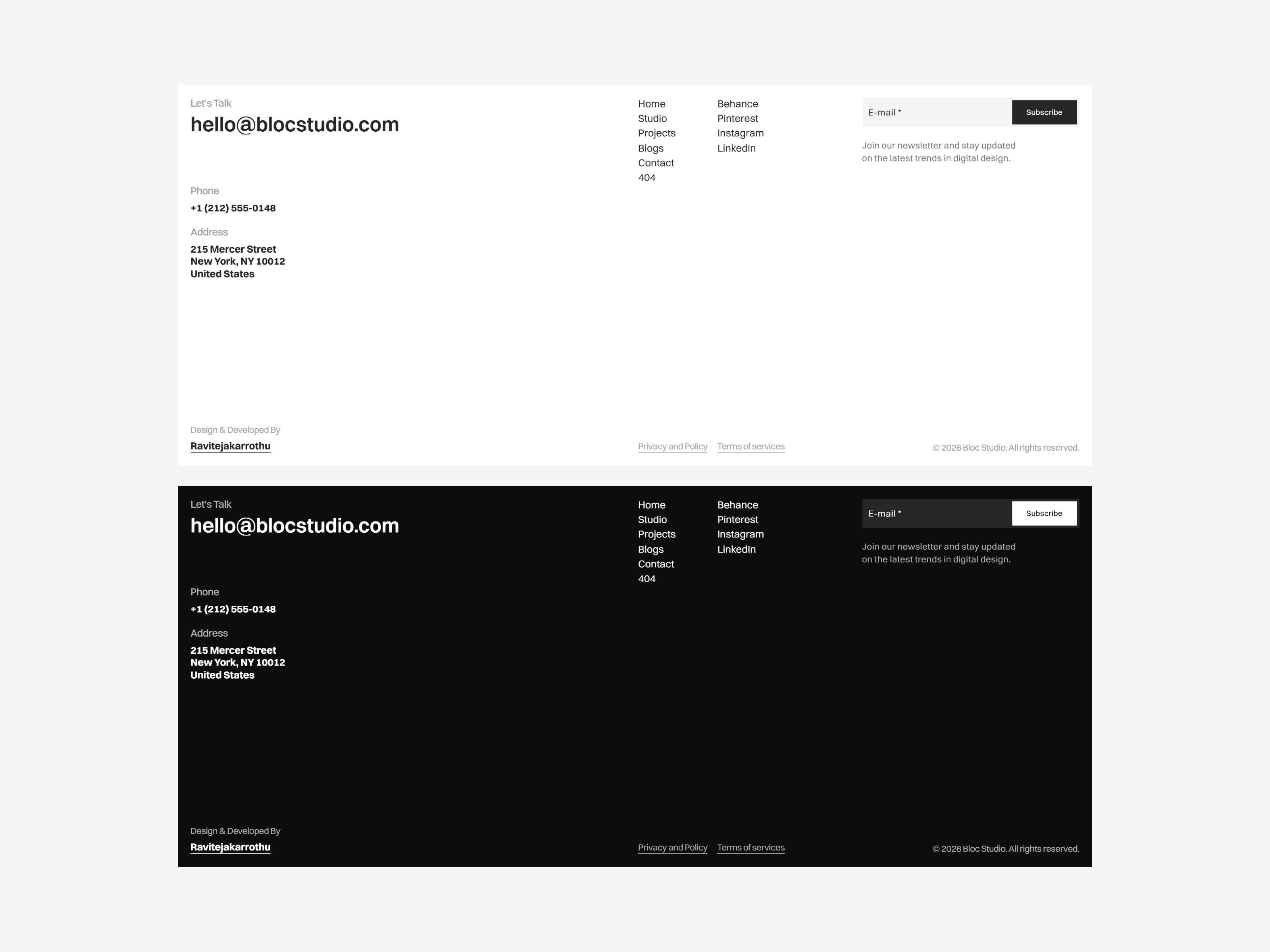 It's been almost 30 days since I started working on my next Framer template.I haven't been able to give it my 100% because of everything that's been going on lately with Framer, but I've kept making progress little by little.The good news is... I finally finished the home page today! 🎉Here are the final footer designs in both light and dark themes.Also, if you haven't checked out my free portfolio template, Ken William, it's completely free to remix and customize for your own portfolio.Link