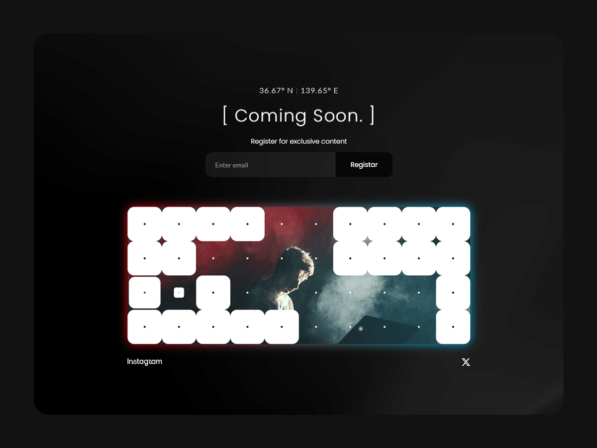 REPRISE: A Framer coded template for teaser pages: coordinate header, coming-soon headline, and an email signup with a masked photo reveal.