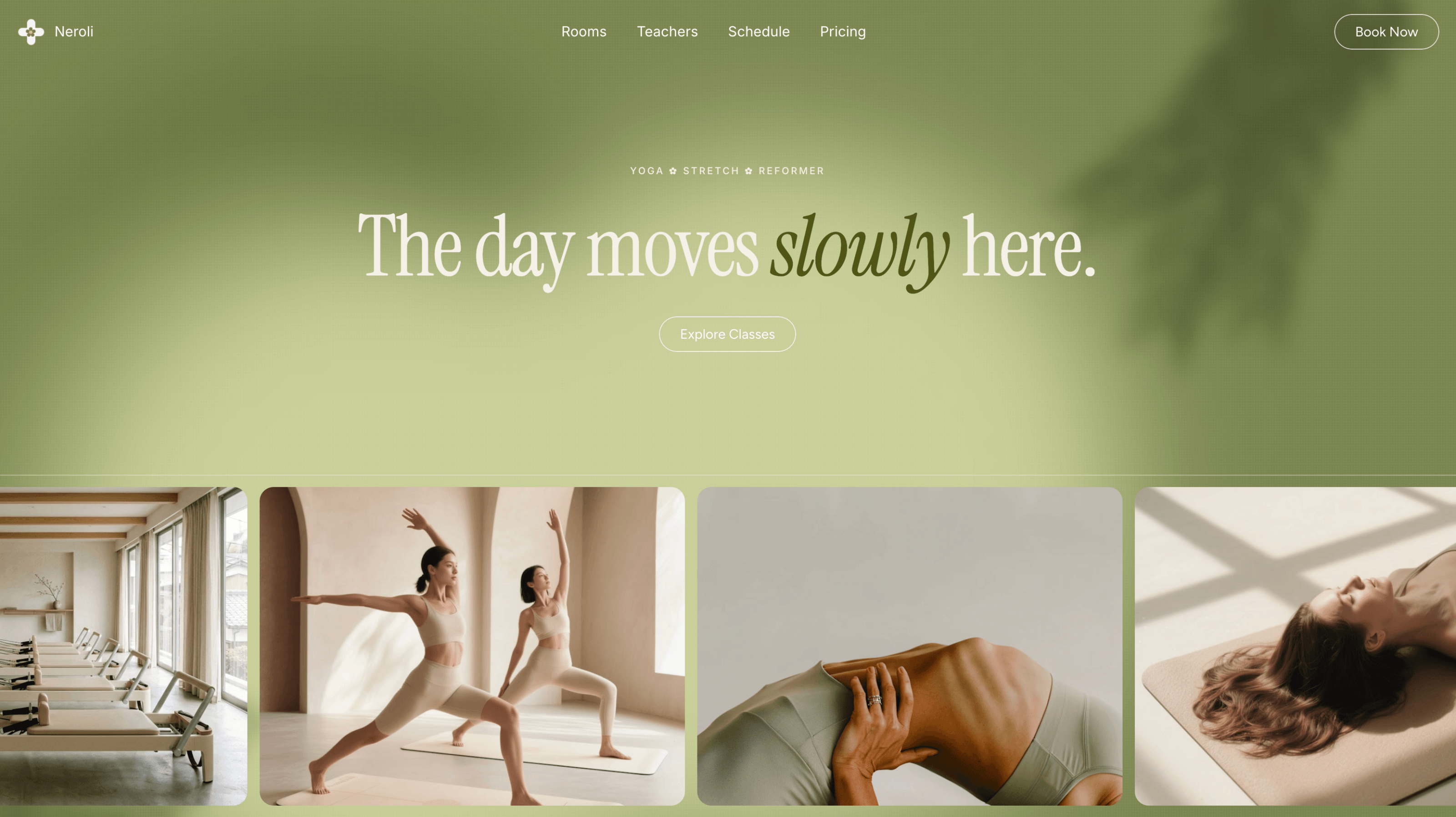 Neroli - free template for pilates, yoga and stretching studios 🌿Soft colours, calm typography, spacious layouts and everything a studio needs to present its classes, teachers, schedule and pricing.Available for free!