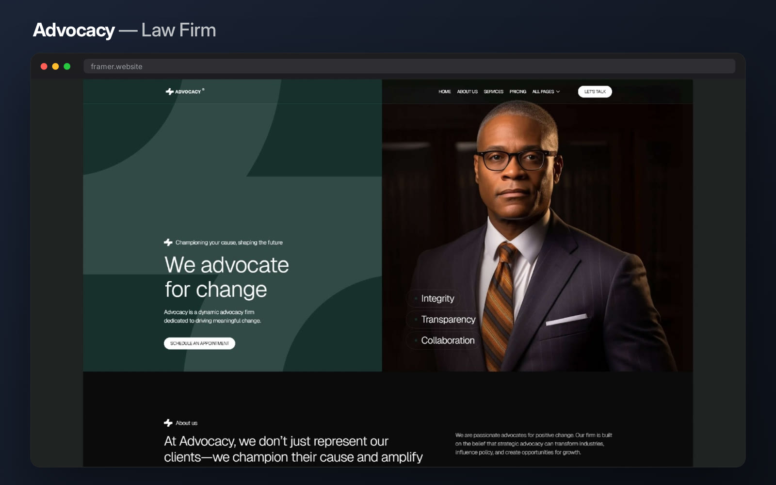 A potential client with a legal problem is scanning for one thing: do you handle this exact situation.Advocacy answers immediately — personal injury, criminal defence, family, corporate and litigation each get their own route, with attorney credentials underneath for the ones who read further.Live preview → https://advocacy-template.framer.website/Put Advocacy to work →#framer #framertemplate #framerexpert #webdesign #nocode #law #attorney #legal #lawfirm