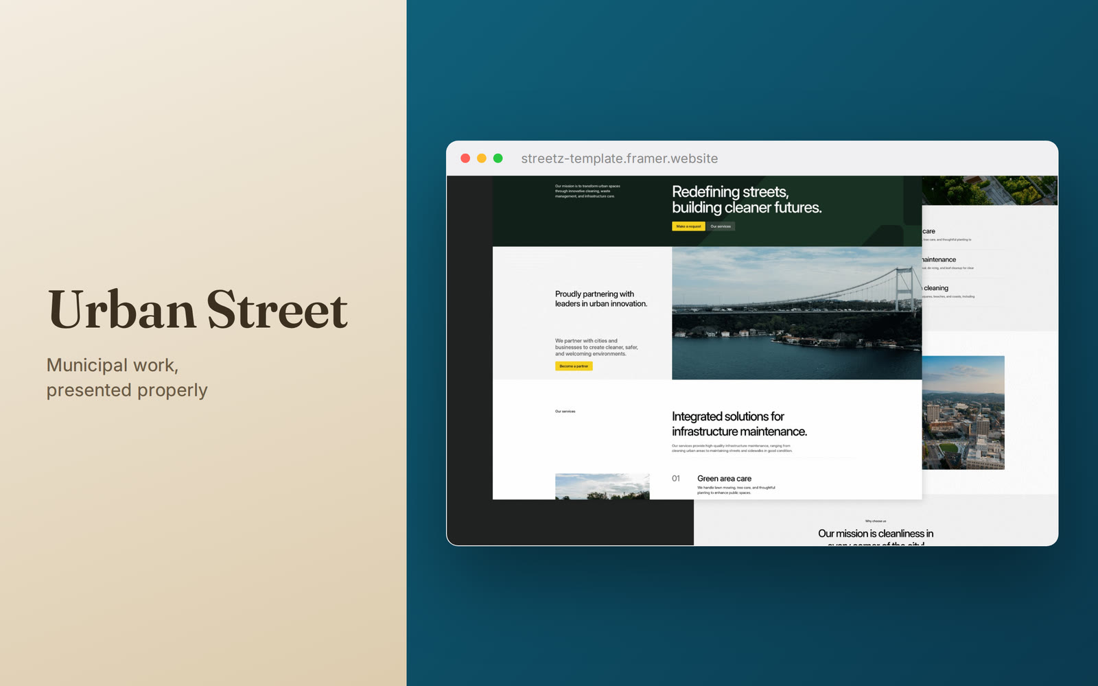 Street cleaning is judged by people who never see the website and bought entirely by people who do.Urban Street is written for that second group — sweeping, waste and debris removal, pressure washing and snow clearance laid out as a procurement officer would read them, with the fleet shown as capability rather than decoration.Live preview → https://streetz-template.framer.website/Make Urban Street yours →#framer #framertemplate #framerexpert #webdesign #nocode #cleaning #municipal #maintenance #services