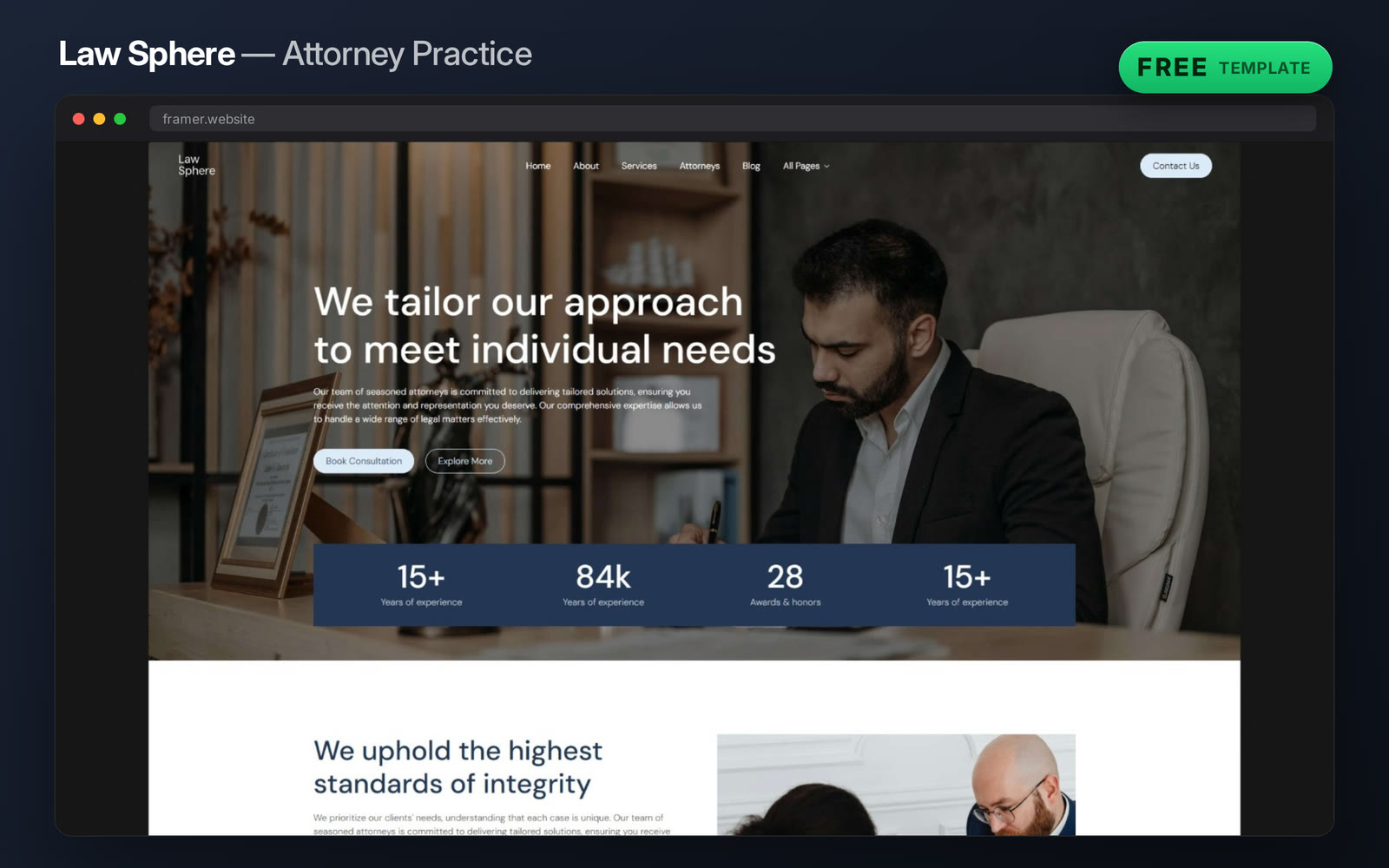 Corporate, personal injury, family, criminal defence, estate planning — five practice areas, five clear routes, and it costs nothing.Law Sphere is free and built for the firm that needs to look established before the first consultation. Restrained, navy, and mercifully free of stock gavels.Live preview → https://law-sphere-template.framer.website/Claim Law Sphere free →#framer #framertemplate #framerexpert #webdesign #nocode #law #attorney #legal #freetemplate
