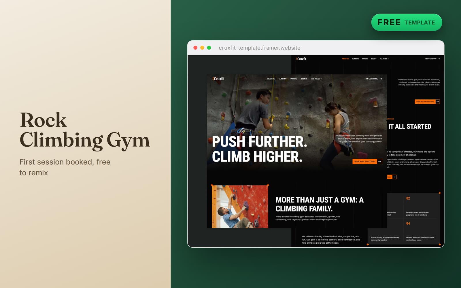 Route grades, class schedule, membership tiers and an intro session that is impossible to miss — and the whole thing is free.Rock Climbing Gym is built for the wall that converts a curious first-timer into a member before they have talked themselves out of it.Live preview → https://cruxfit-template.framer.website/Get Rock Climbing Gym free →#framer #framertemplate #framerexpert #webdesign #nocode #climbing #bouldering #gym #freetemplate