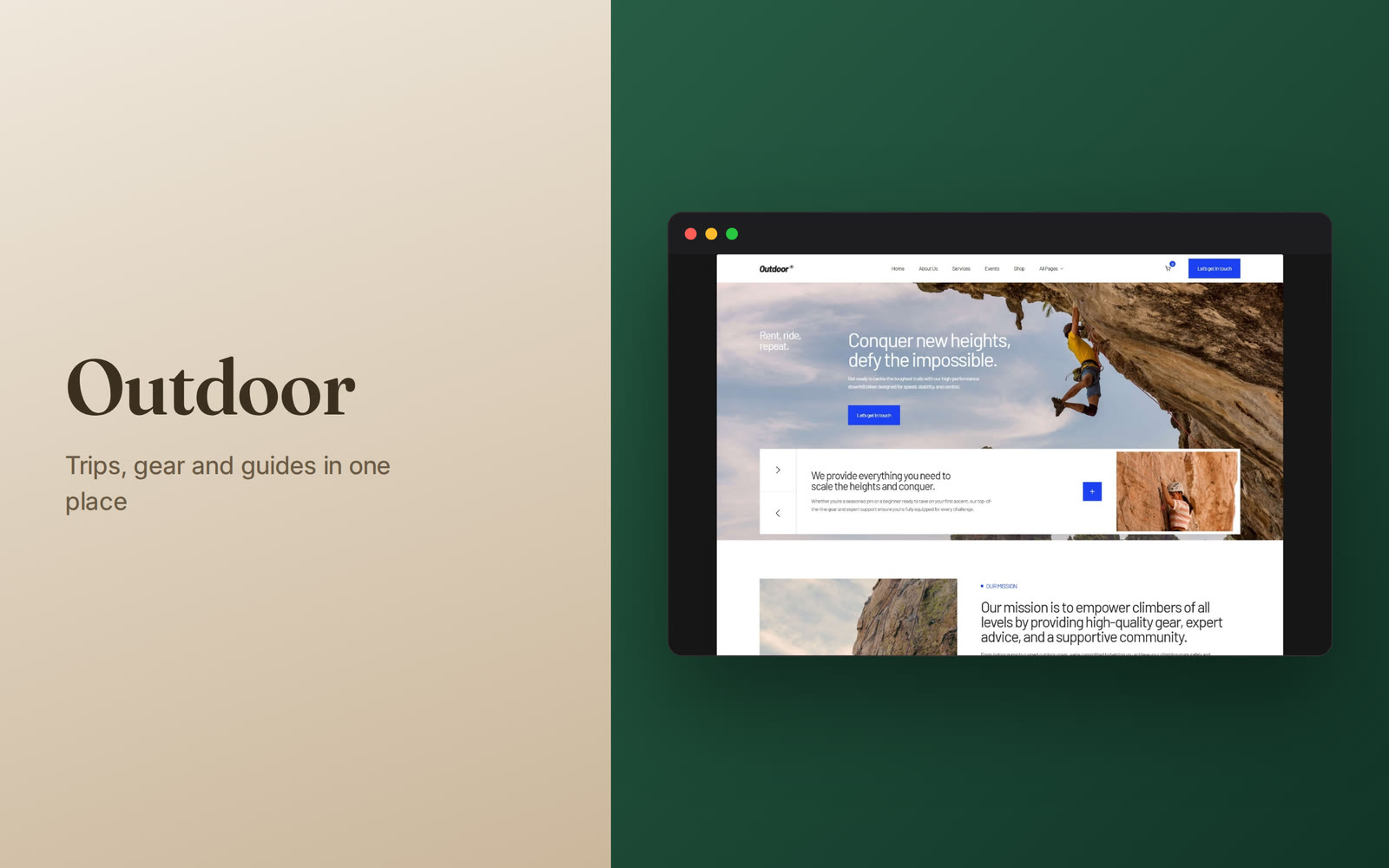 Activities, a gear shop, trip listings and route guides — four things outdoor brands usually split across three sites and a PDF.Outdoor holds them together, image-led and built for a company that sells the trip and the kit for it in the same visit.Live preview → https://outdoor-template.framer.website/Start building with Outdoor →#framer #framertemplate #framerexpert #webdesign #nocode #outdoor #adventure #hiking #gear