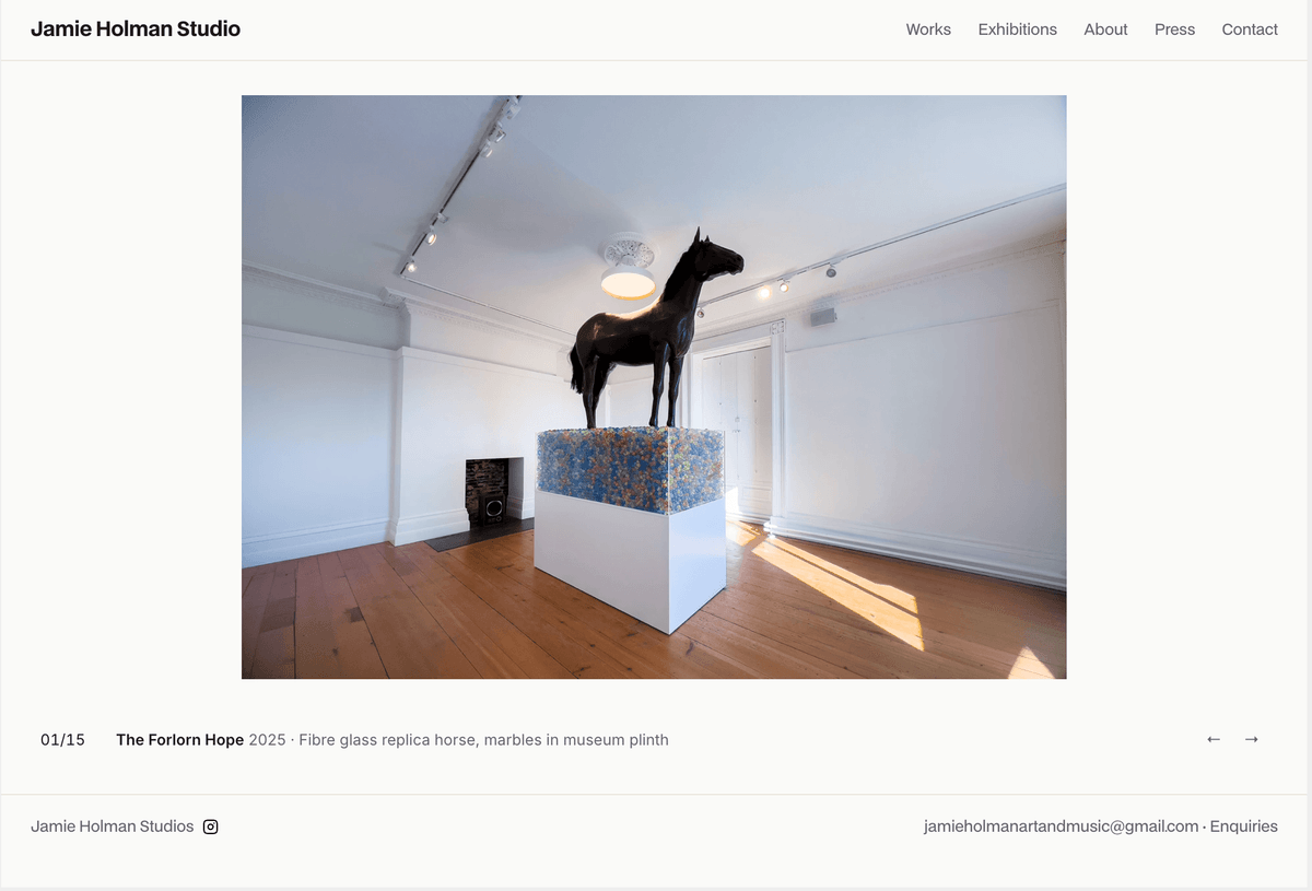JHS Site: A quiet Framer portfolio template for artists and small galleries, built around one large work image per page.