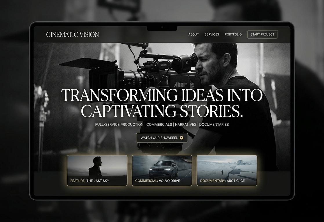I wanted to design a hero section that felt less like a website and more like a high-budget film intro.Dark mode, high-contrast typography, and a prominent showreel focus for a film production agency.....