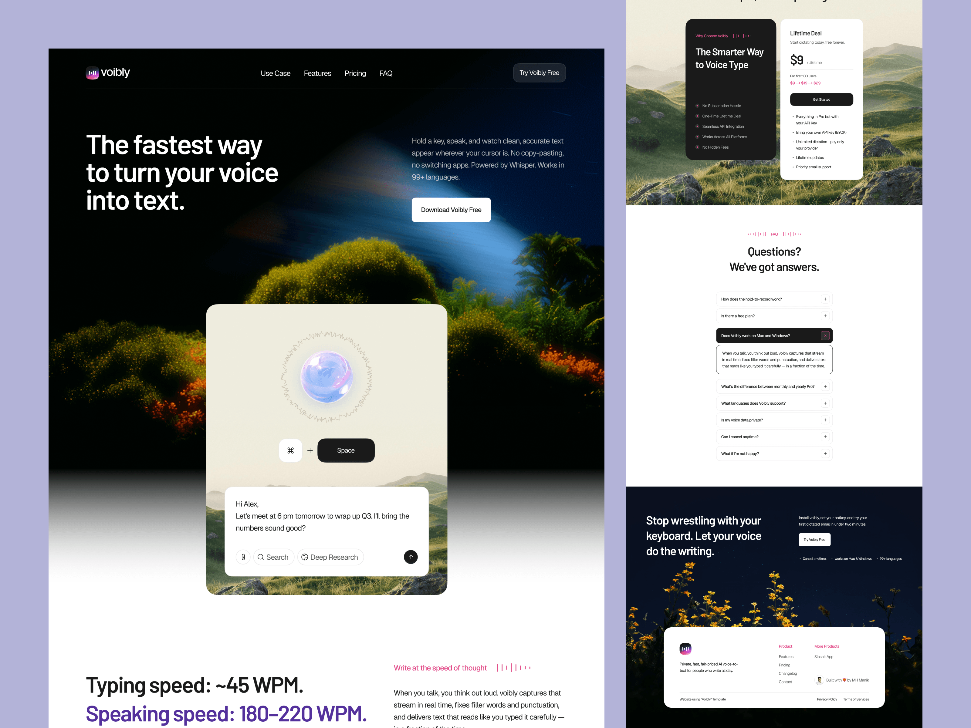 I designed the marketing landing page for Voibly, AI voice dictation app for Mac and Windows.It's for people who write all day and are deciding, in about forty seconds, whether a dictation tool is worth installing — writers, developers, founders, anyone who types more than they'd like to.Designed in Figma for Framer.