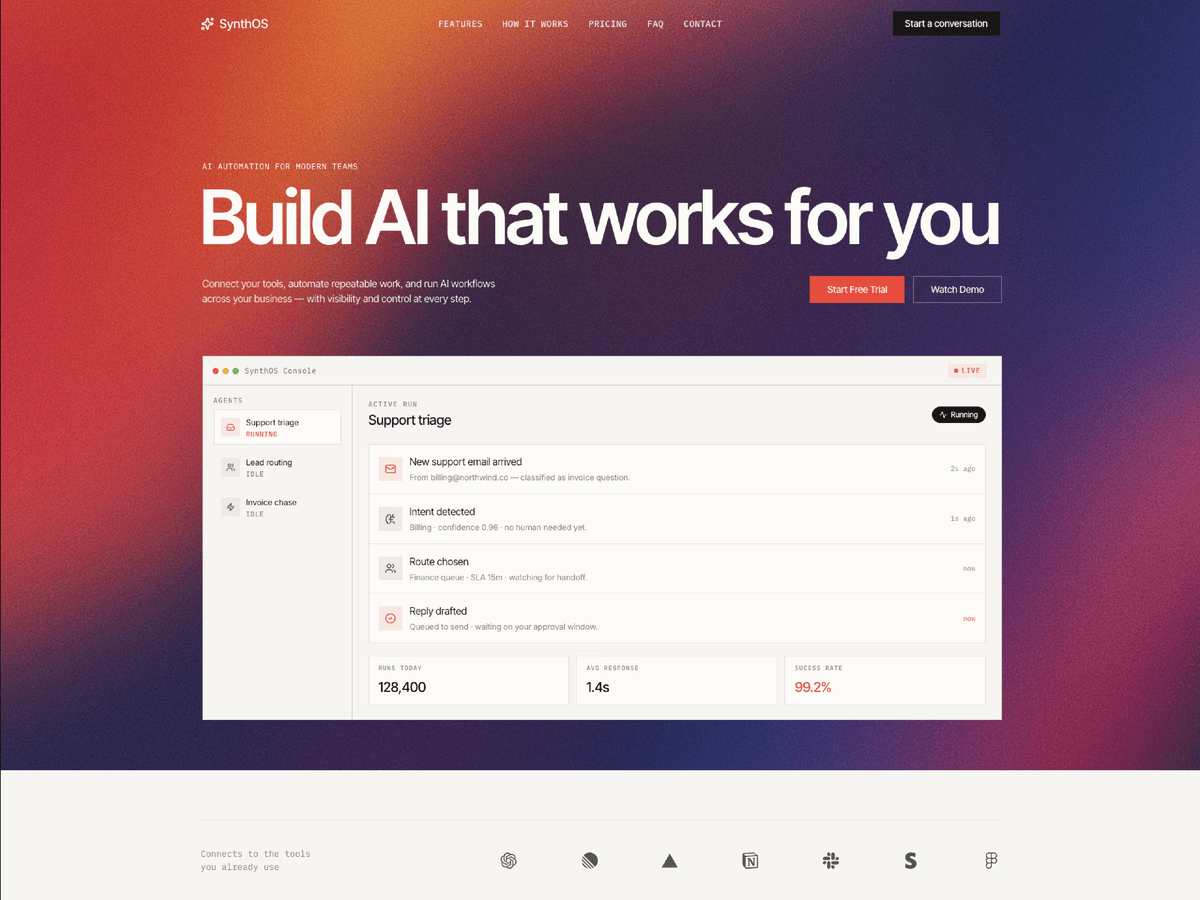 SynthOS: A Framer landing page template for AI automation and SaaS teams, built around a live product console and workflow proof.