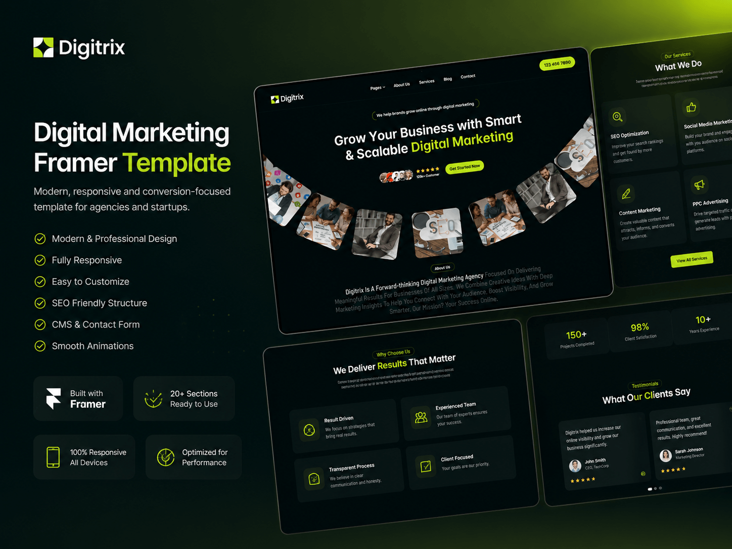 Digital Marketing Framer Template is a modern, premium-quality website template designed for digital agencies, marketing studios, startups, and creative businesses. It features a clean dark interface with vibrant neon accents, smooth animations, and a fully responsive layout that delivers a professional user experience across all devices.The template includes a high-impact hero section, service showcases, feature cards, testimonials, statistics, call-to-action sections, and conversion-focused UI components. Built with performance and customization in mind, it is easy to edit in Framer without coding, making it ideal for freelancers, agencies, and business owners.Features✅ Modern & Premium UI Design✅ Fully Responsive Layout✅ Smooth Framer Animations✅ Easy to Customize✅ SEO-Friendly Structure✅ Fast Loading Performance✅ Clean & Well-Organized Layers✅ Perfect for Agencies, Startups & SaaS✅ Conversion-Focused Design✅ No Coding RequiredDigital Marketing Framer Template is a modern, premium-quality website template designed for digital agencies, marketing studios, startups, and creative businesses. It features a clean dark interface with vibrant neon accents, smooth animations, and a fully responsive layout that delivers a professional user experience across all devices.The template includes a high-impact hero section, service showcases, feature cards, testimonials, statistics, call-to-action sections, and conversion-focused UI components. Built with performance and customization in mind, it is easy to edit in Framer without coding, making it ideal for freelancers, agencies, and business owners.Features✅ Modern & Premium UI Design✅ Fully Responsive Layout✅ Smooth Framer Animations✅ Easy to Customize✅ SEO-Friendly Structure✅ Fast Loading Performance✅ Clean & Well-Organized Layers✅ Perfect for Agencies, Startups & SaaS✅ Conversion-Focused Design✅ No Coding Required