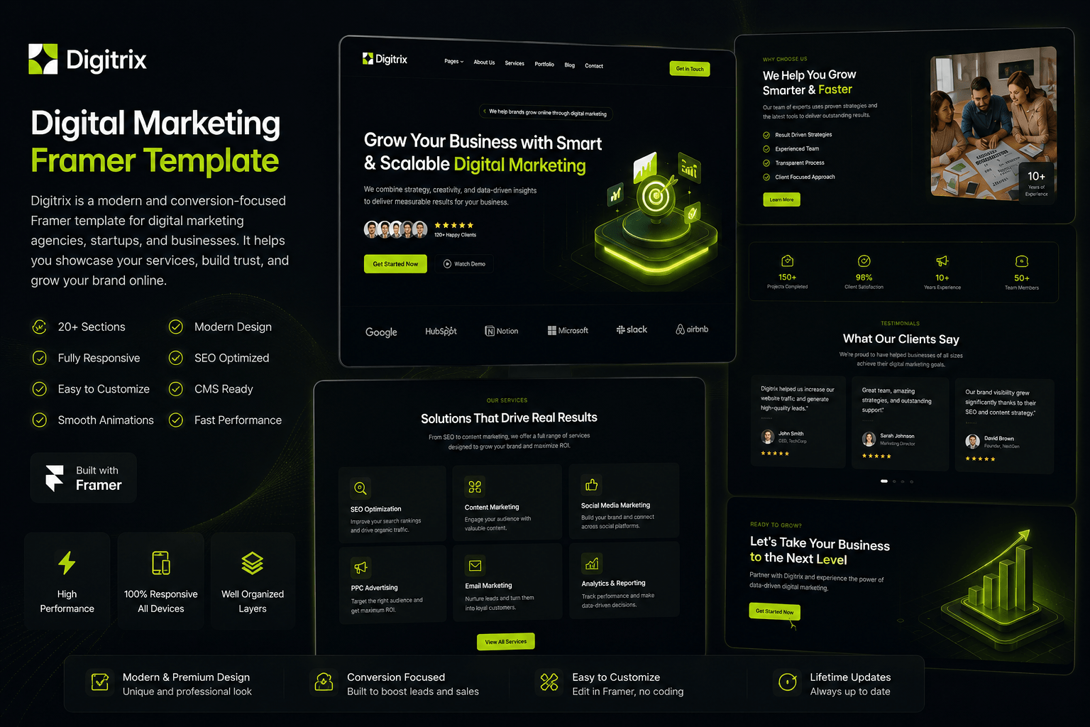 Digitrix – Digital Marketing Framer TemplateDigitrix is a premium Framer template crafted for digital marketing agencies, creative studios, startups, SaaS companies, and freelancers who want a modern, high-converting online presence. Designed with a sleek dark theme, vibrant neon accents, and smooth animations, it delivers a professional look while keeping performance fast and responsive.The template includes beautifully designed landing pages, service sections, testimonials, pricing, team, blog, contact forms, and strong call-to-action blocks. Every section is fully customizable in Framer, allowing you to launch a professional website without writing a single line of code.Key Features✨ Premium Modern UI📱 100% Responsive Design⚡ Lightning Fast Performance🎨 Easy to Customize🚀 SEO-Friendly Structure🎬 Smooth Framer Animations🧩 Well-Organized Components📄 CMS & Blog Ready📈 Conversion-Focused Layout🔧 No Coding RequiredPerfect ForDigital Marketing AgenciesSEO CompaniesCreative StudiosSaaS StartupsBusiness ConsultantsFreelancersBranding AgenciesSocial Media AgenciesWhy Choose Digitrix?Digitrix combines premium design with high performance to help businesses build trust, attract more clients, and increase conversions. Whether you're launching a new agency or refreshing an existing website, this template provides everything needed to create a professional online presence in minutes.