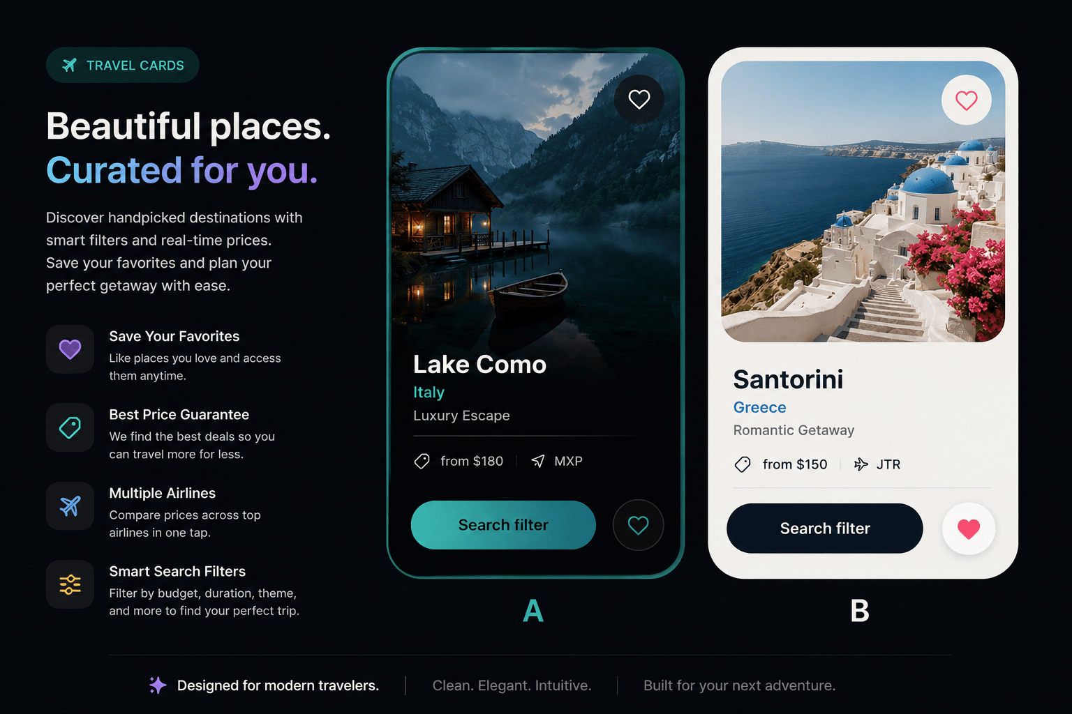 Explore the world with elegant destination cards designed for modern travelers. Instantly compare travel options, bookmark favorite locations, and discover unforgettable experiences through a seamless, intuitive interface.