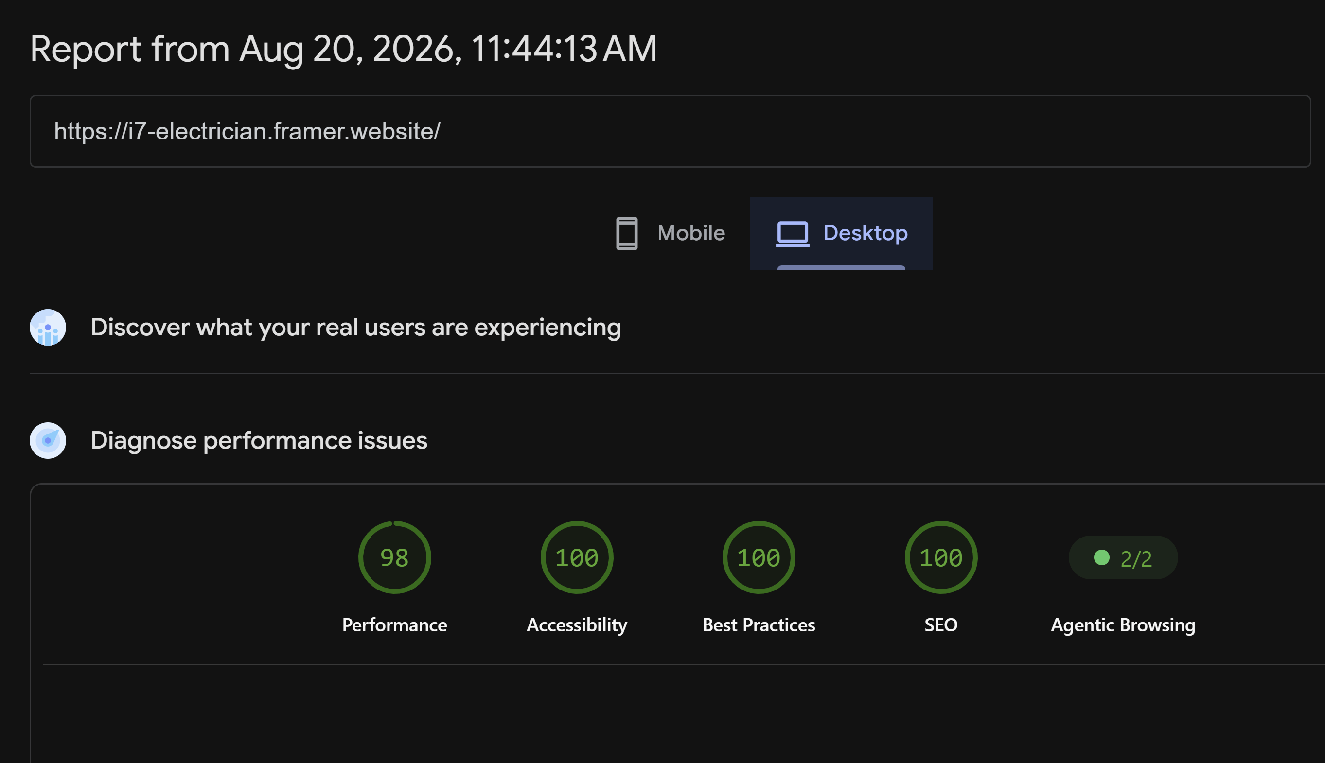 I just optimized the PageSpeed score for my newest template, i7-Electrician. Thrilled to hit 100/100 on three metrics and 98/100 on the fourth!