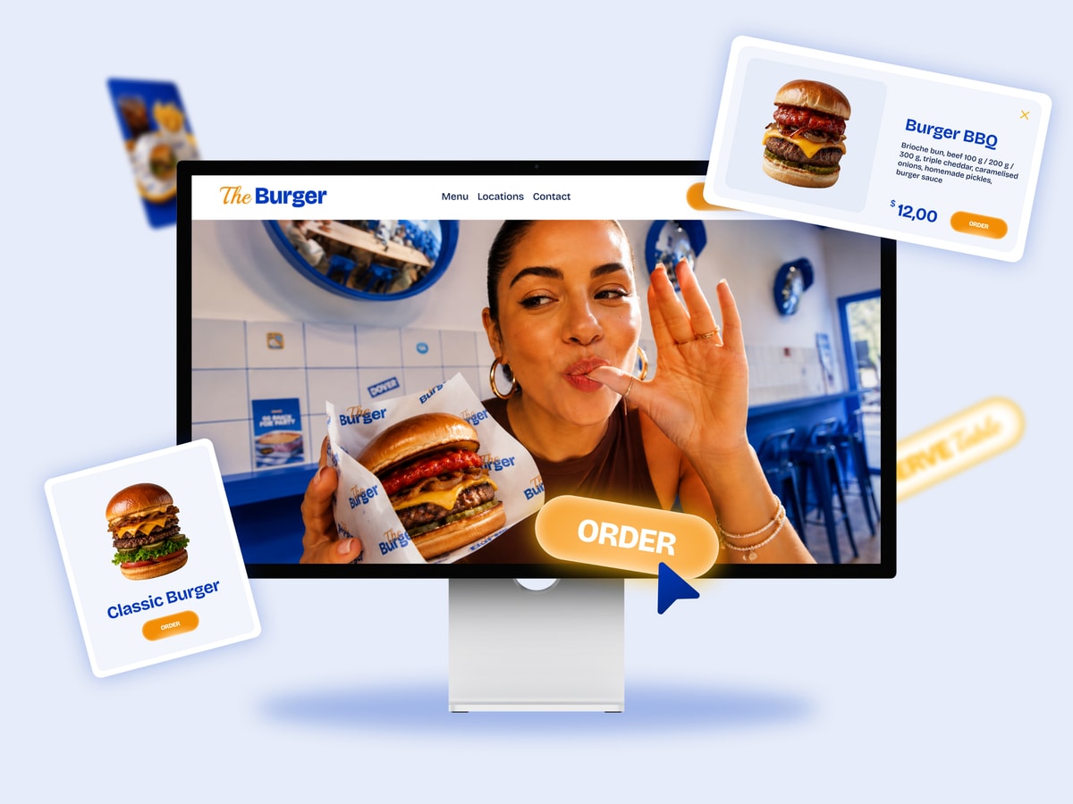 The Burger: A Framer-coded restaurant template for burger spots, built around a full-bleed hero and priced menu cards.