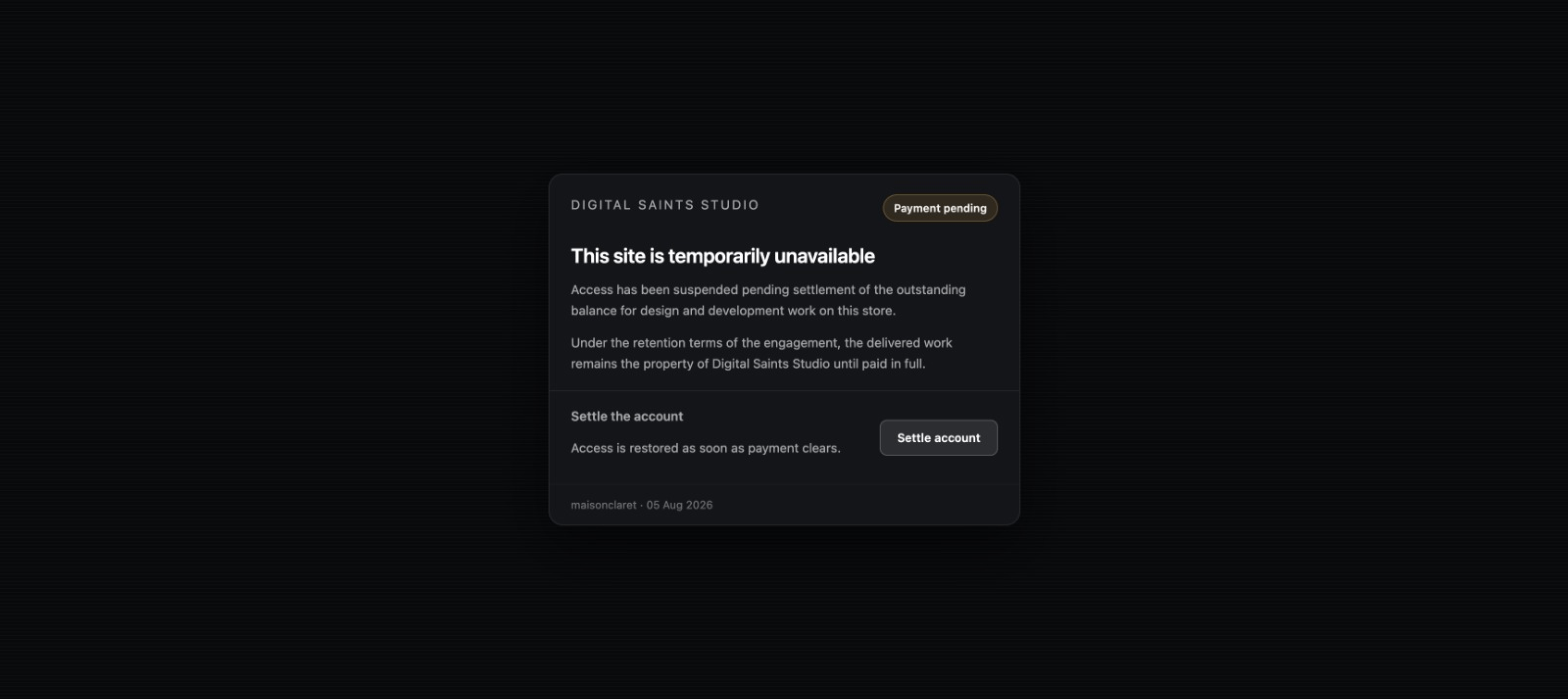 Today a client removed the payment block from the ecommerce store I built them, used AI to find the code, and revoked my access.Six months waiting on the final 50%.I'm mad. But I also gave them all the time in the world with the copy and the setup because I wanted them happy with it.I have clauses in my terms for exactly this. Still feels like a hassle ringing a lawyer to get what I'm already owed.