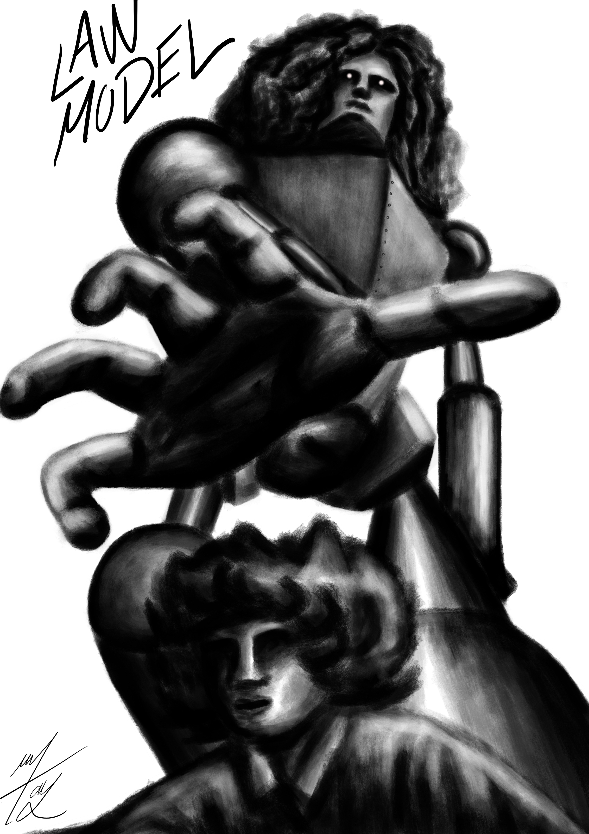 ''LAW MODEL'' era una banda de música experimental, su música buscaba transmitir un ambiente cargado de melodías envolventes, guitarras etéreas y oníricas.Esta ilustración la hice cuando soñé con uno de los miembros convertido en un robot gigante persiguiéndome hasta atraparme (ese día dormí estando muy borracho xd).