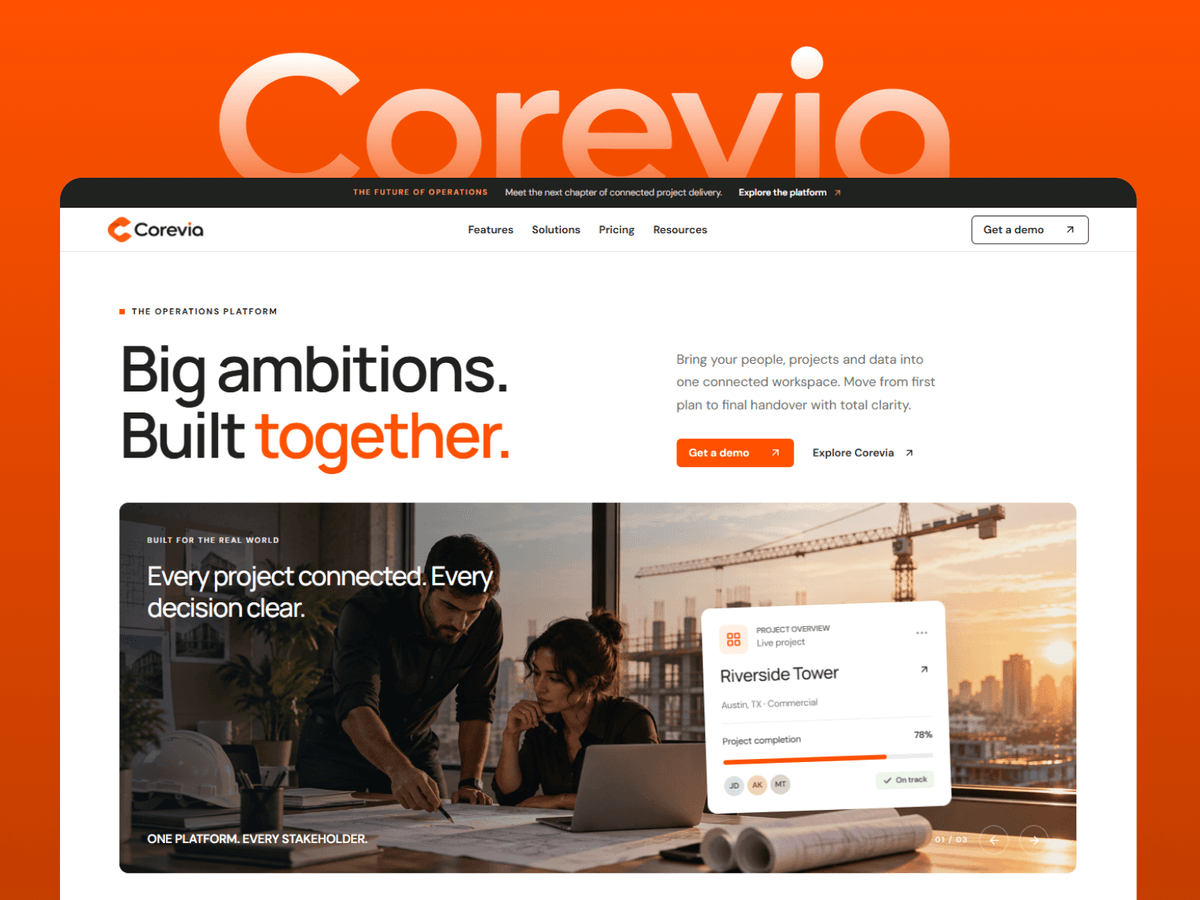 Corevia: A Framer template for B2B operations and construction software, built around a photo-led hero and a live project dashboard card.
