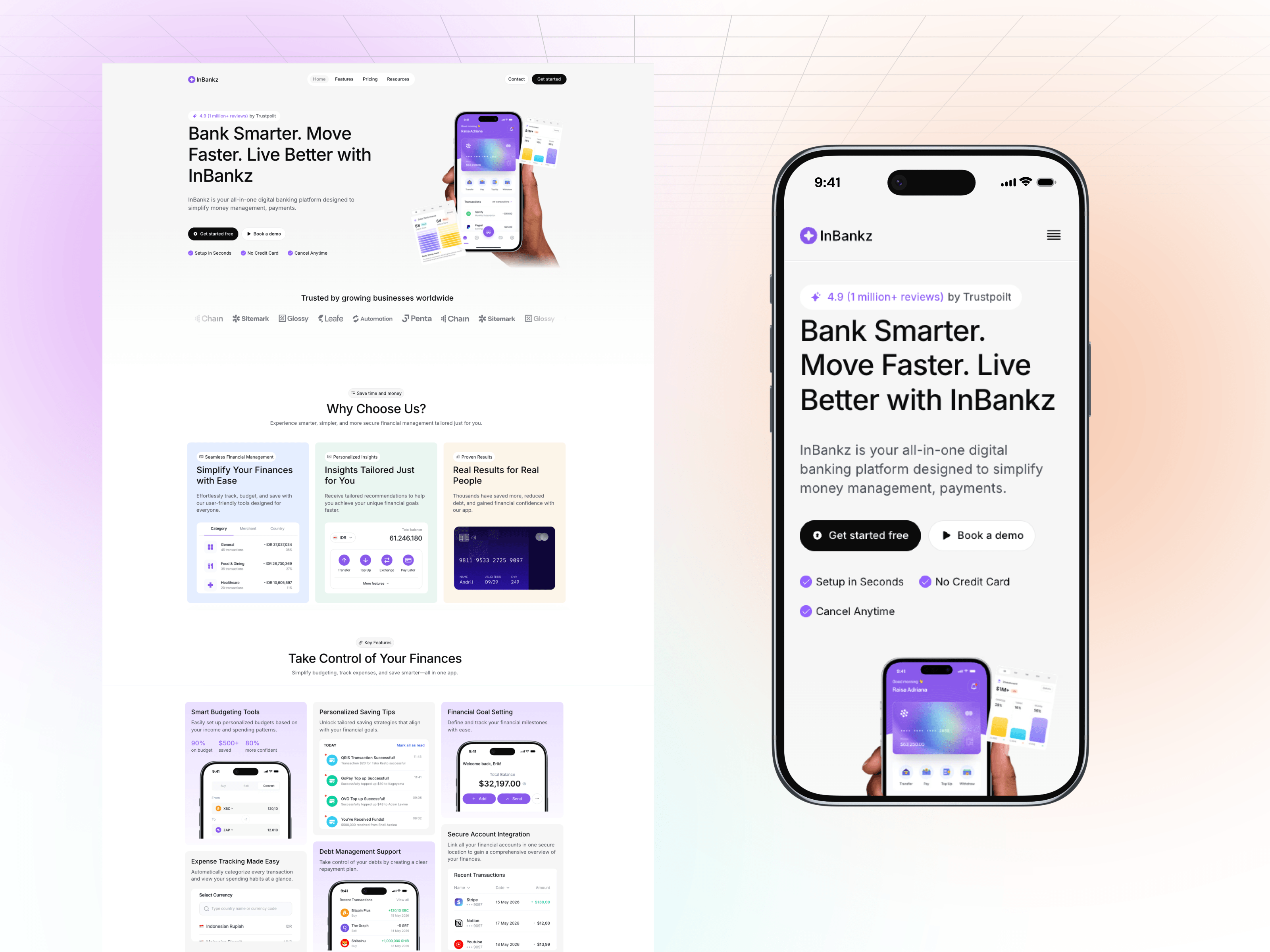 InBankz | Personal Finance Website Design & Development (Framer)InBankz is a modern personal finance platform designed to simplify money management through an intuitive, data-driven experience.At Airzon Agency, we led the project end-to-end — from user flows, wireframes, and high-fidelity UI/UX in Figma to a scalable design system and responsive Framer development.The result is a clean and accessible financial experience that helps users manage accounts, track spending, monitor investments, and make smarter financial decisions across desktop and mobile.Designed in Figma. Built in Framer. ⚡Live Site: inbankz.framer.websiteCase Study: View the InBankz Case Study on BehanceServices: UI/UX Design · Product Design · Design Systems · Framer Development · Responsive Web Design