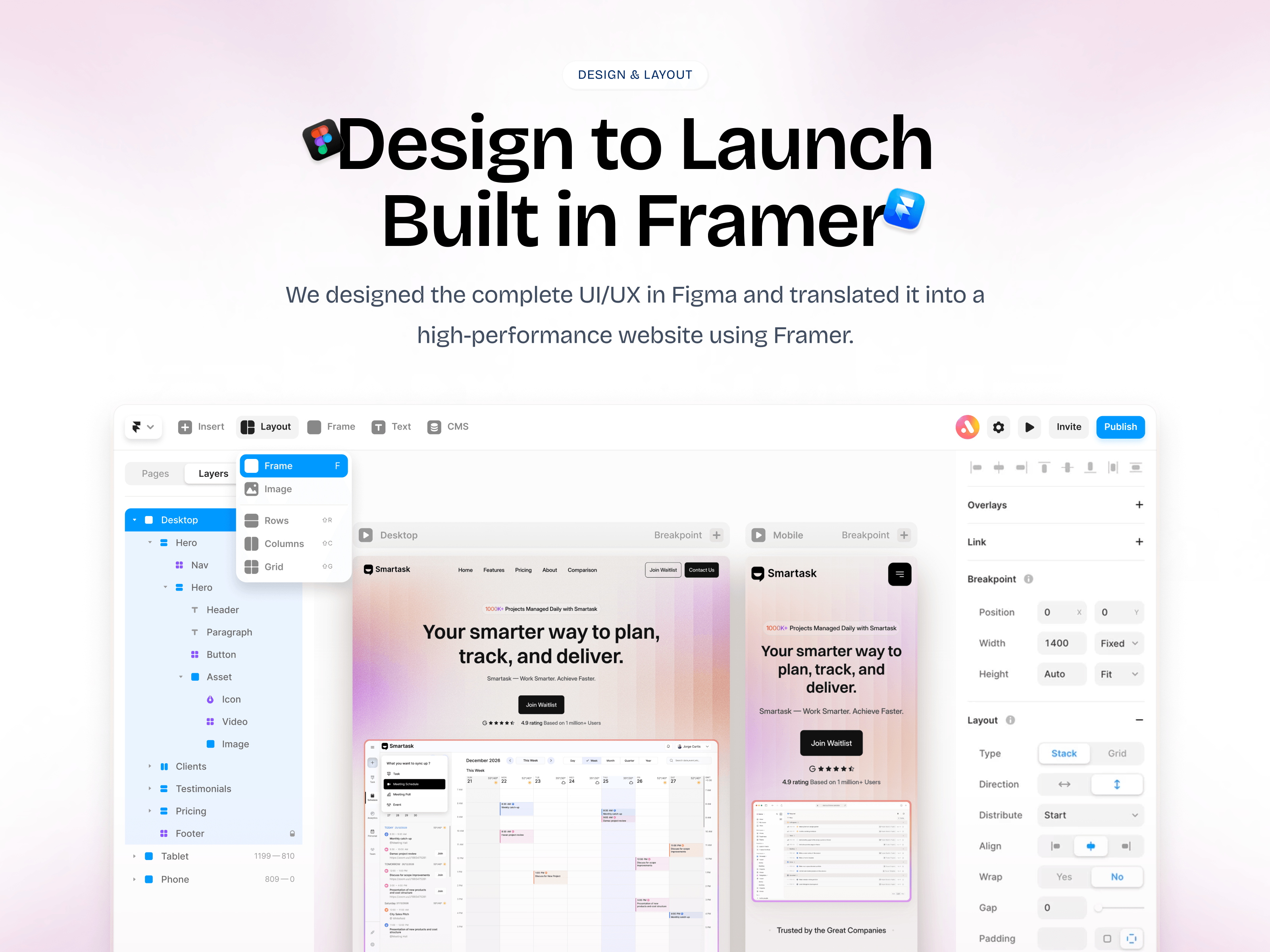 Smartask — Task Management PlatformSmartask is a modern task management platform designed to help teams organize projects, manage workflows, and stay productive through an intuitive digital experience.At Airzon Agency, we handled the project end-to-end — from UX strategy and UI/UX design in Figma to a scalable design system and responsive multi-page Framer development.The result is a clean, efficient experience for task tracking, collaboration, and project management across desktop, tablet, and mobile.Designed in Figma. Built in Framer. ⚡Live Site: smartask.framer.websiteCase Study: View Smartask Case Study on BehanceServices: UI/UX Design · Figma · Website Redesign · Multi-Page Web Design · Responsive Design · Framer Development