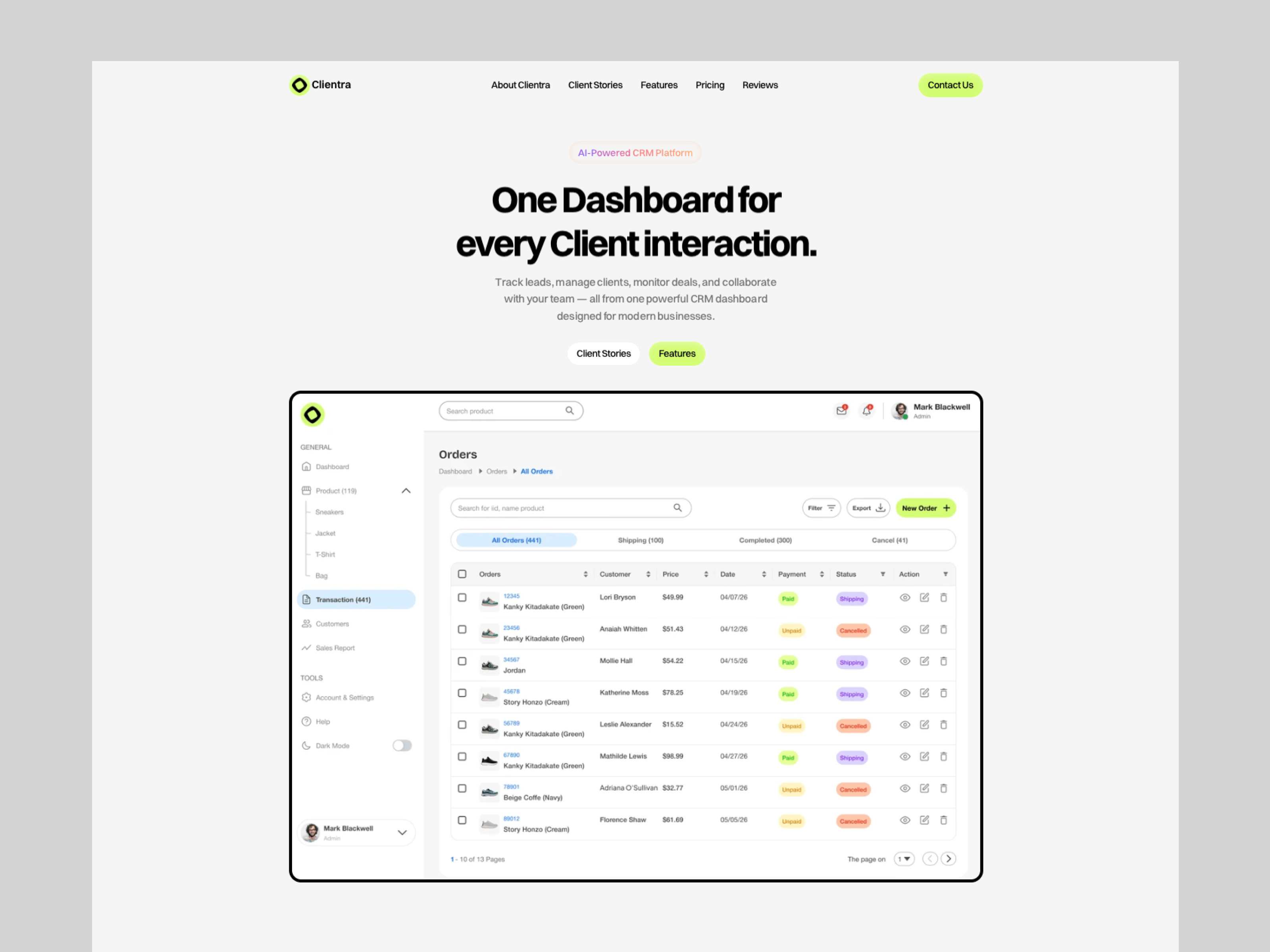 Clientra — AI-Powered CRMClientra is a modern AI-powered CRM landing page designed to showcase client management, sales tracking, team collaboration, and workflow automation in one clear experience.At Airzon Agency, we designed and developed the responsive experience in Framer, focusing on clean layouts, strong product storytelling, and conversion-focused sections.Designed in Figma. Built in Framer. ⚡Live Site: clientra1.framer.aiServices: UI/UX Design · Landing Page Design · Responsive Design · Framer Development